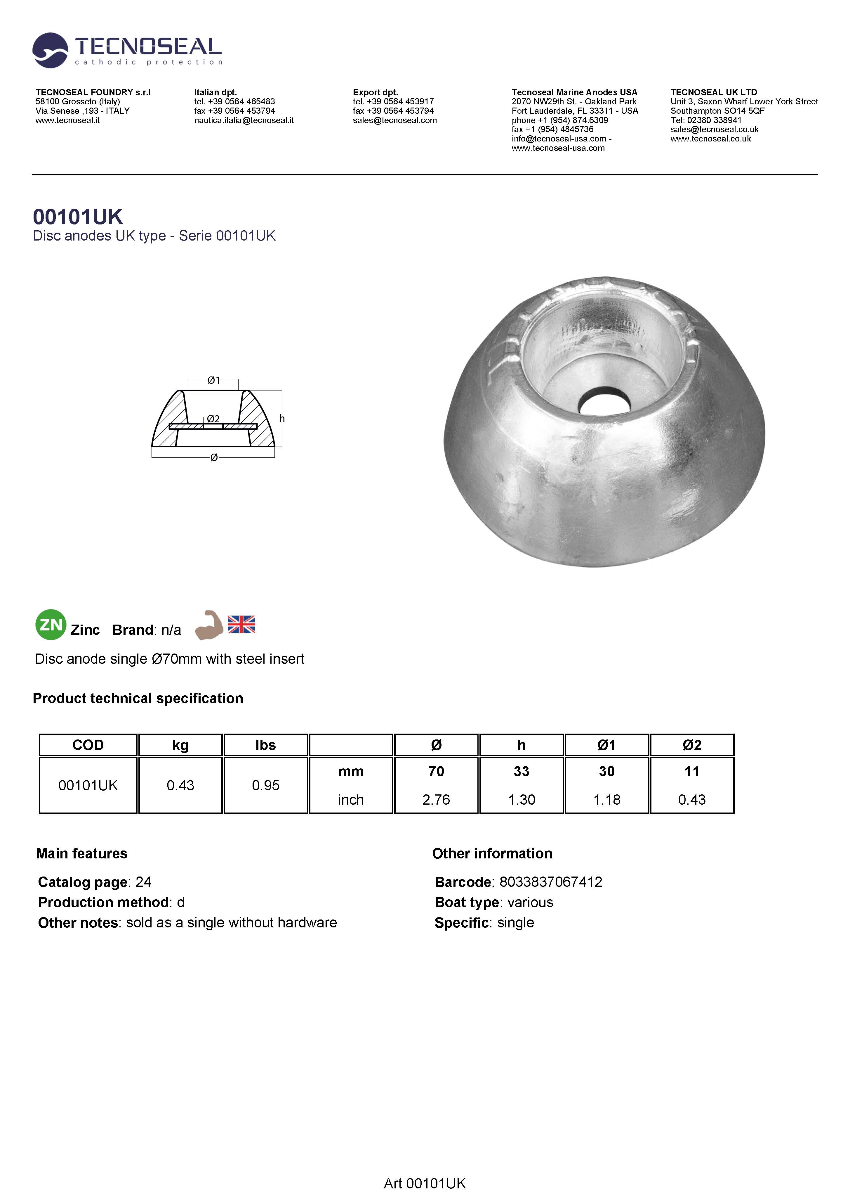 Disc anode single &Oslash;70mm with steel insert - 00101uk 1 - 00101UK