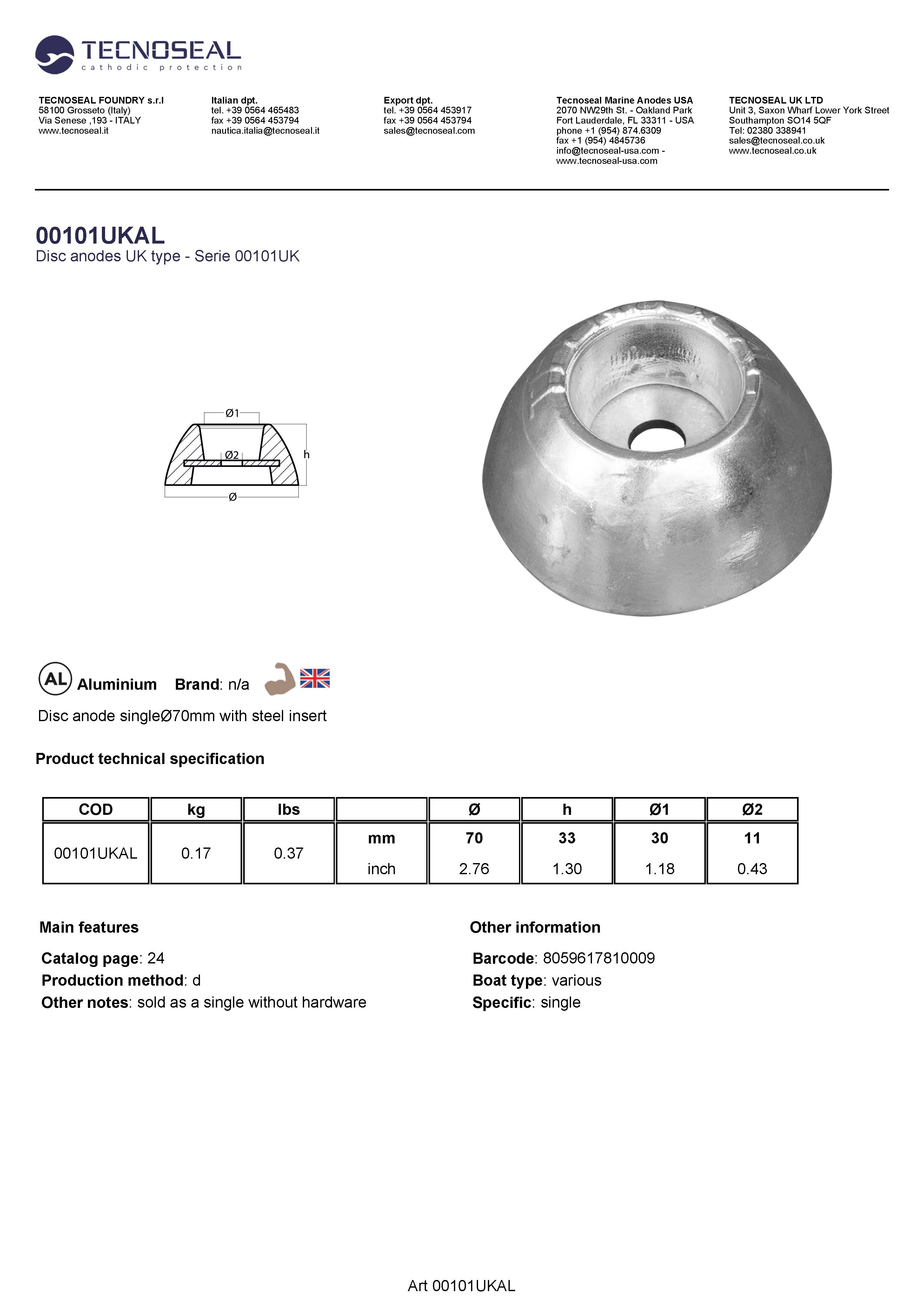 Disc anode single&Oslash;70mm with steel insert - 00101ukal - 00101UKAL