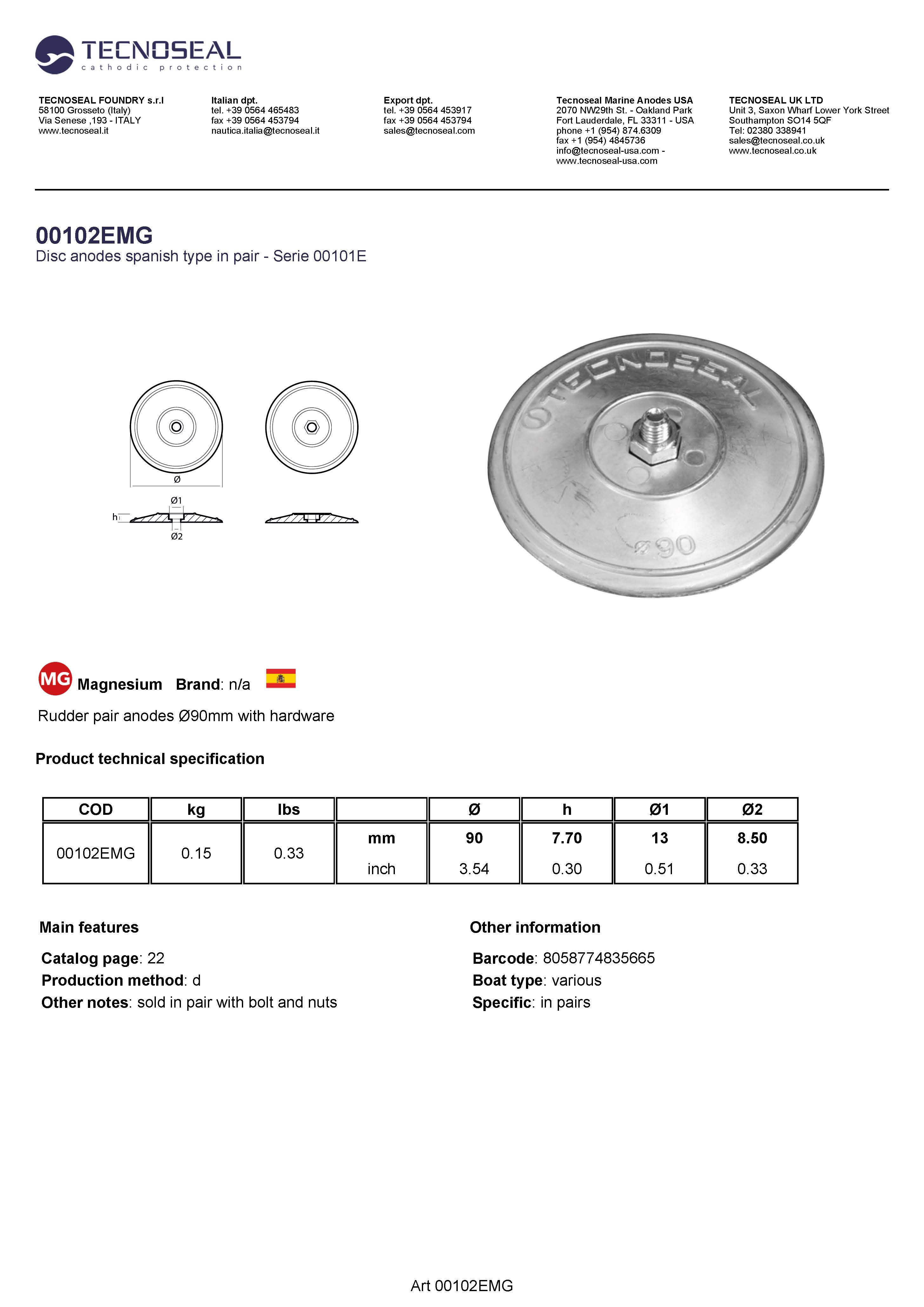 Rudder pair anodes &Oslash;90mm with hardware - 00102emg - 00102EMG