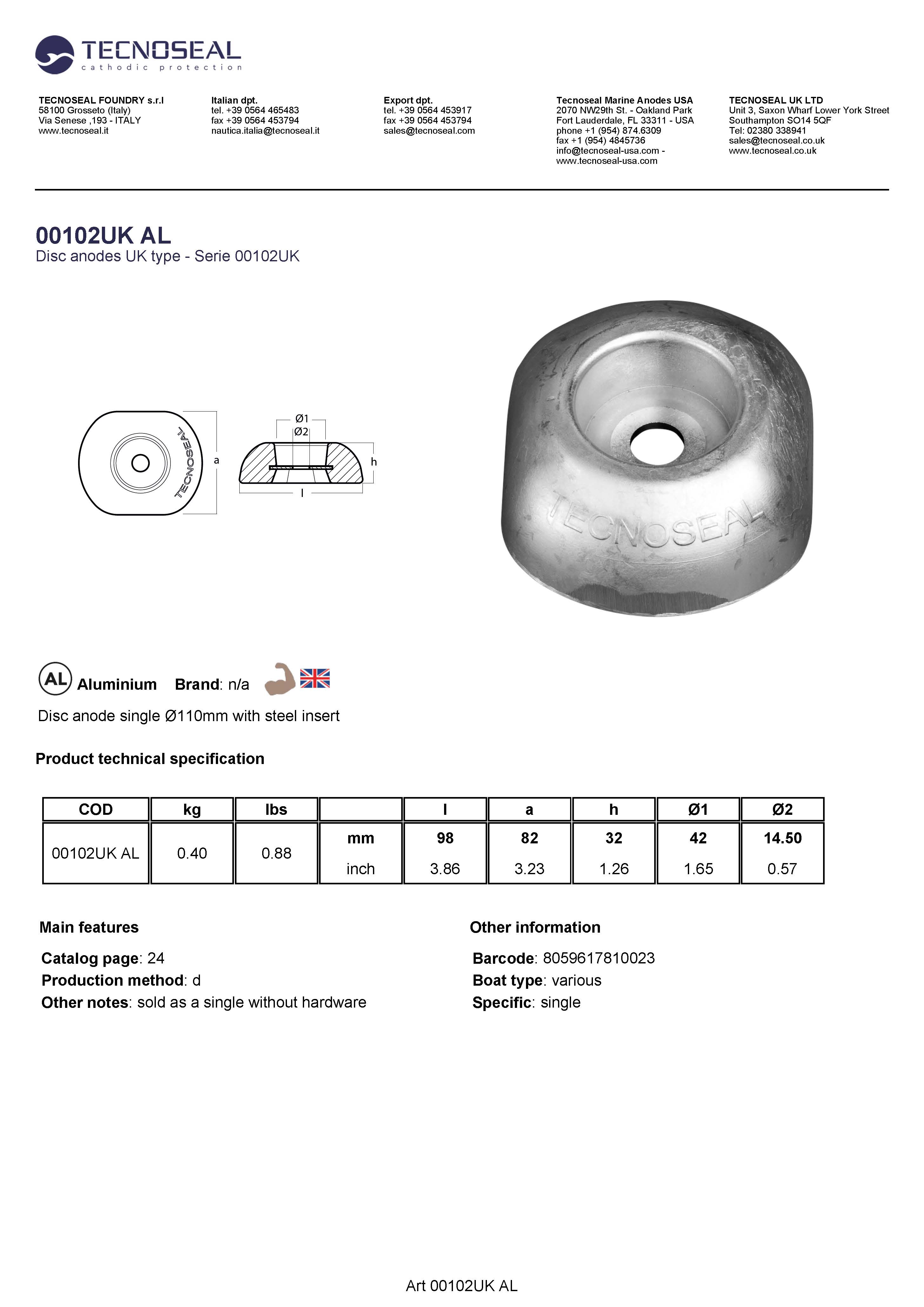 Disc anode single &Oslash;100mm with steel insert - 00102uk al - 00102UKAL