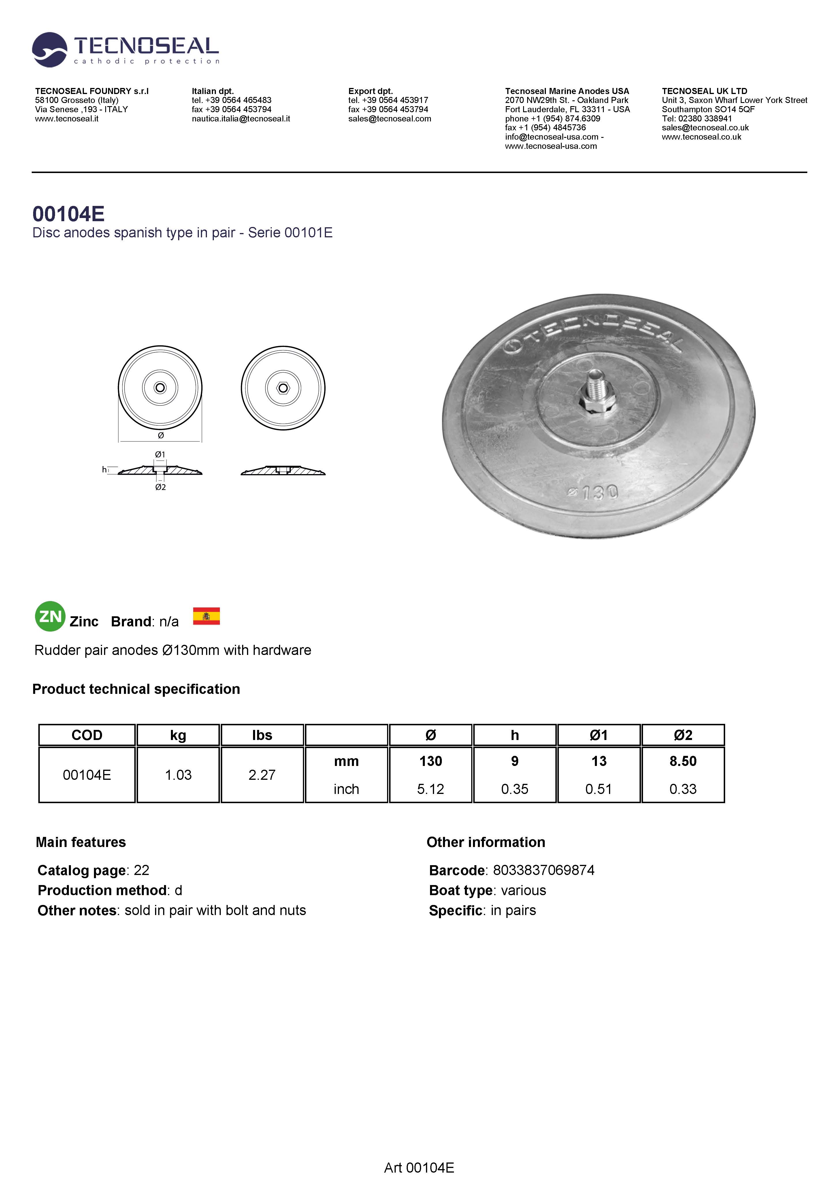 Rudder pair anodes &Oslash;130mm with hardware - 00104e 1 - 00104E