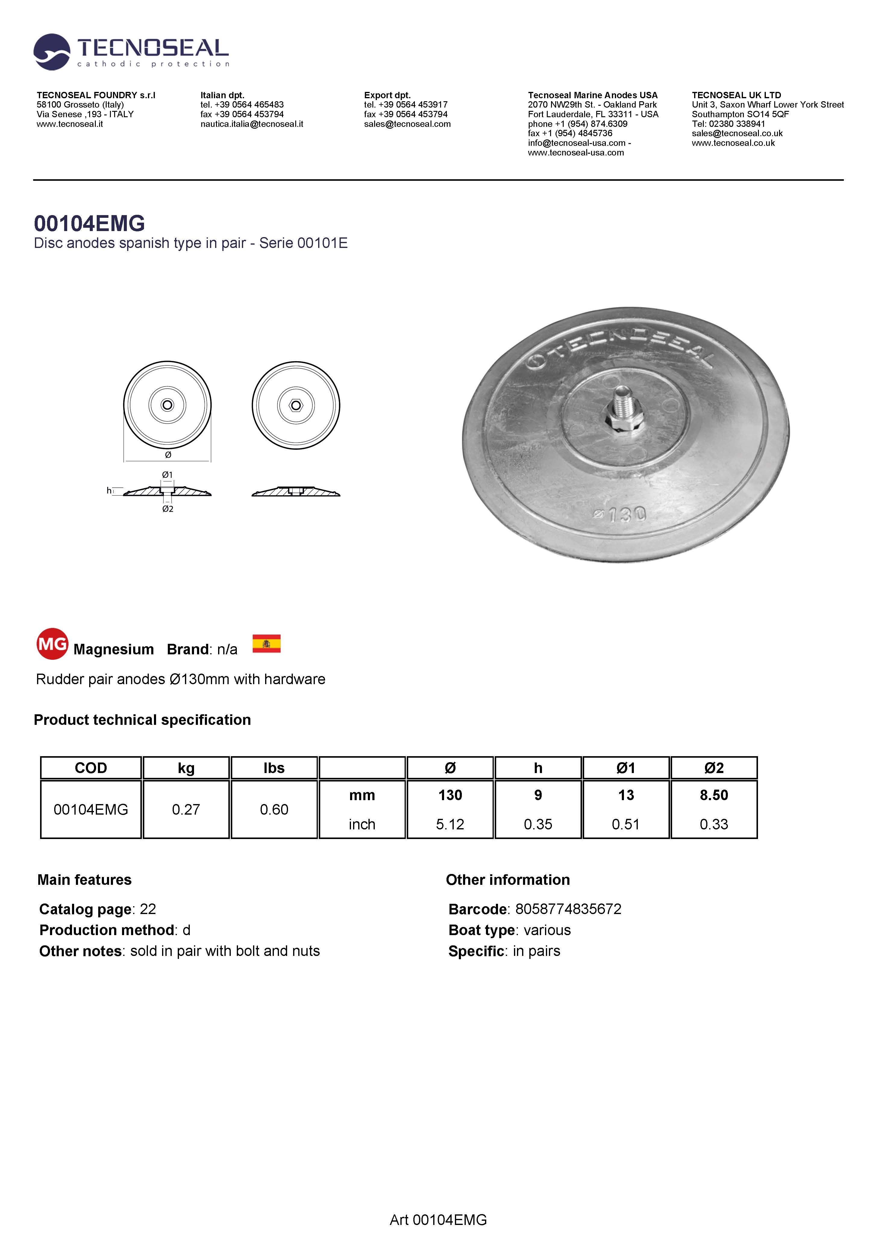 Rudder pair anodes &Oslash;130mm with hardware - 00104emg - 00104EMG