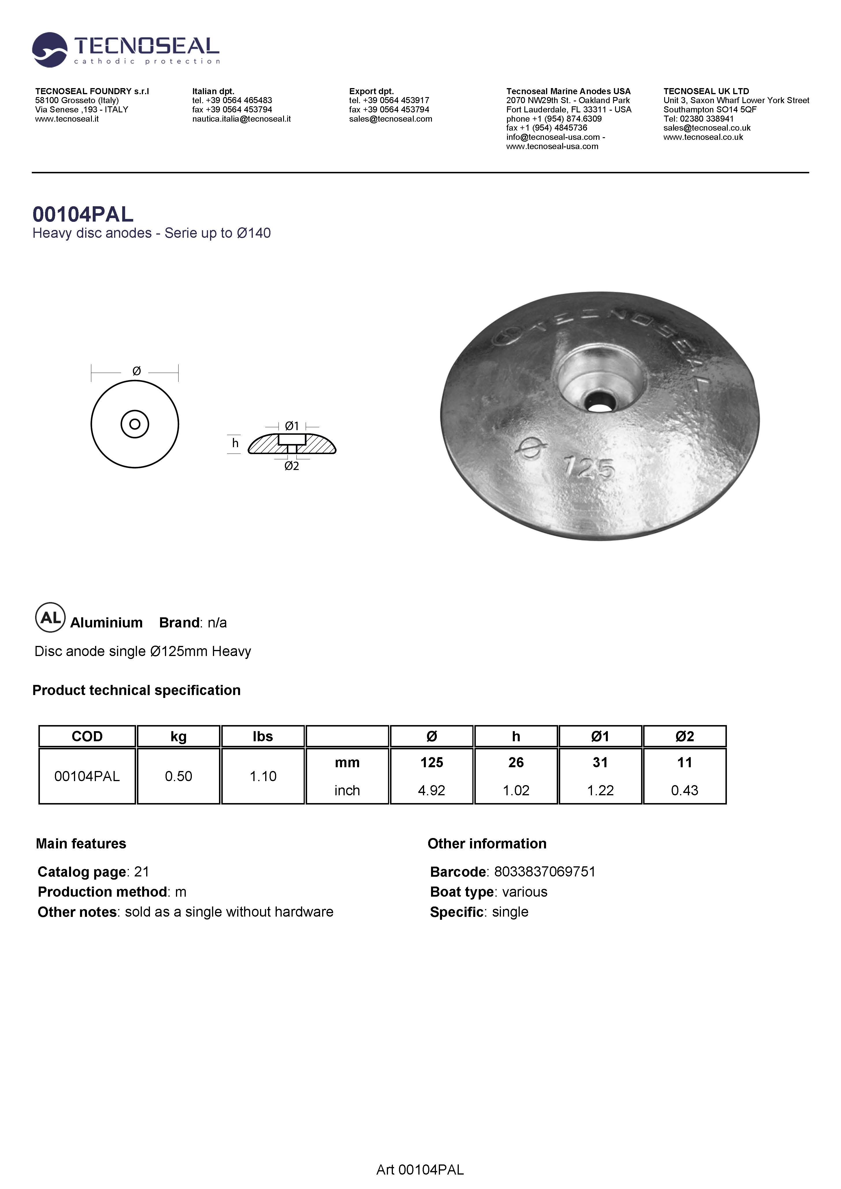 Disc anode single &Oslash;125mm Heavy - 00104pal - 00104PAL