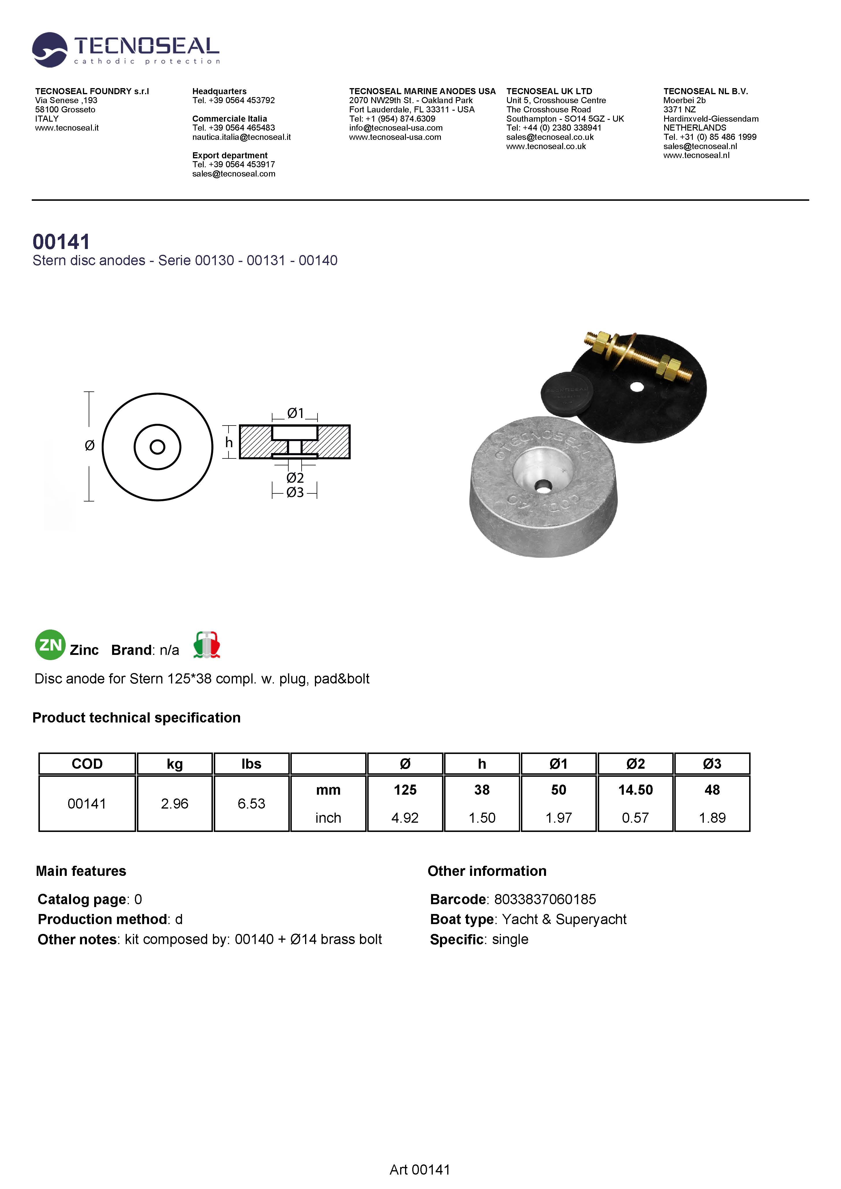 Disc anode for Stern 125*38 compl. w. plug, pad&bolt - 00141 1 - 00141