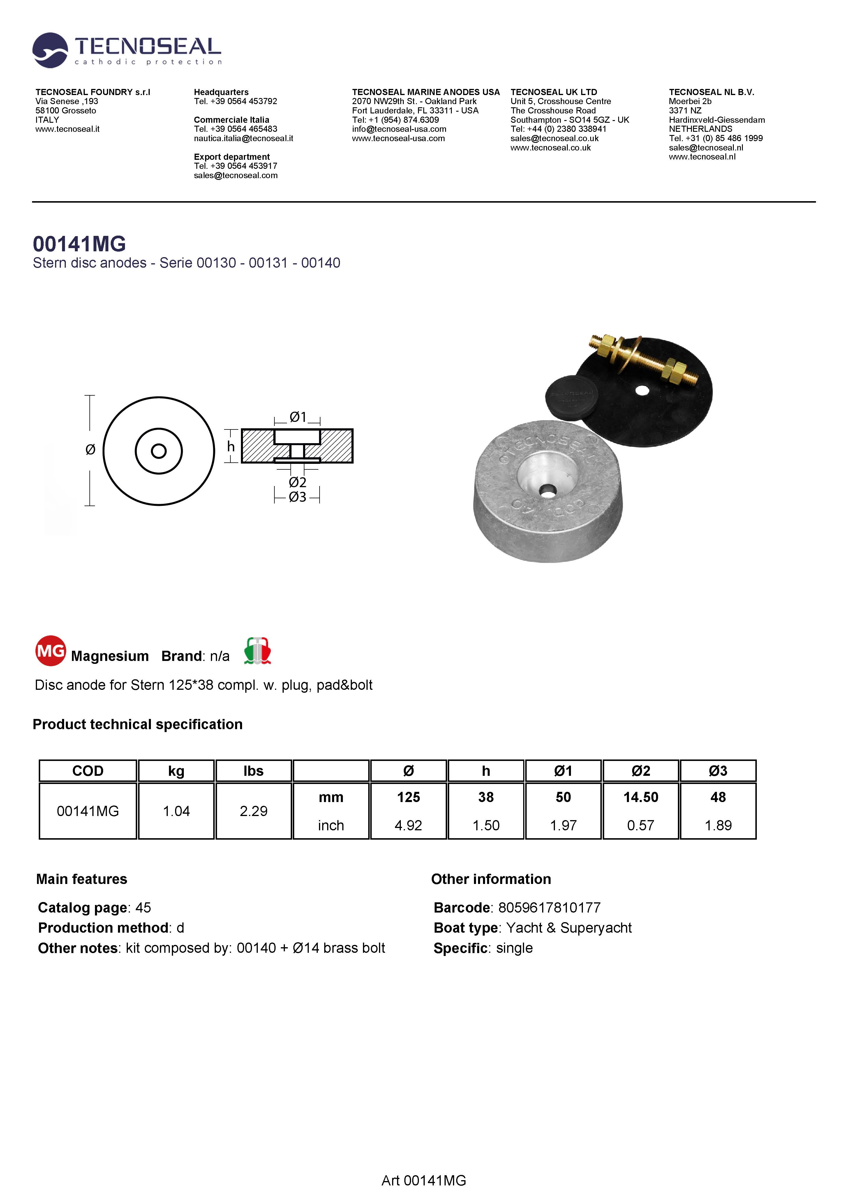 Disc anode for Stern 125*38 compl. w. plug, pad&bolt - 00141mg 1 - 00141MG