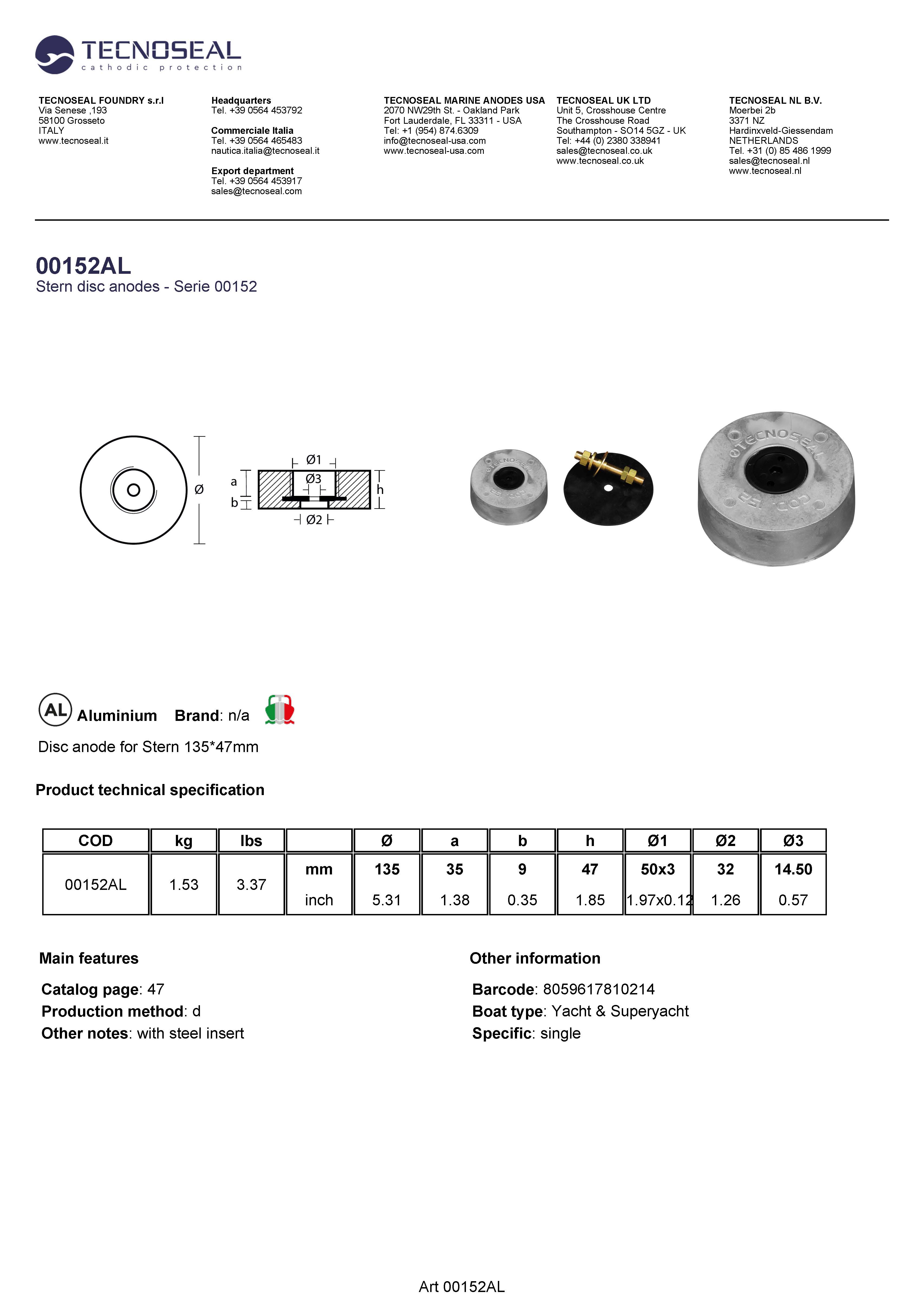 Disc anode for Stern 135*47mm - 00152al - 00152AL
