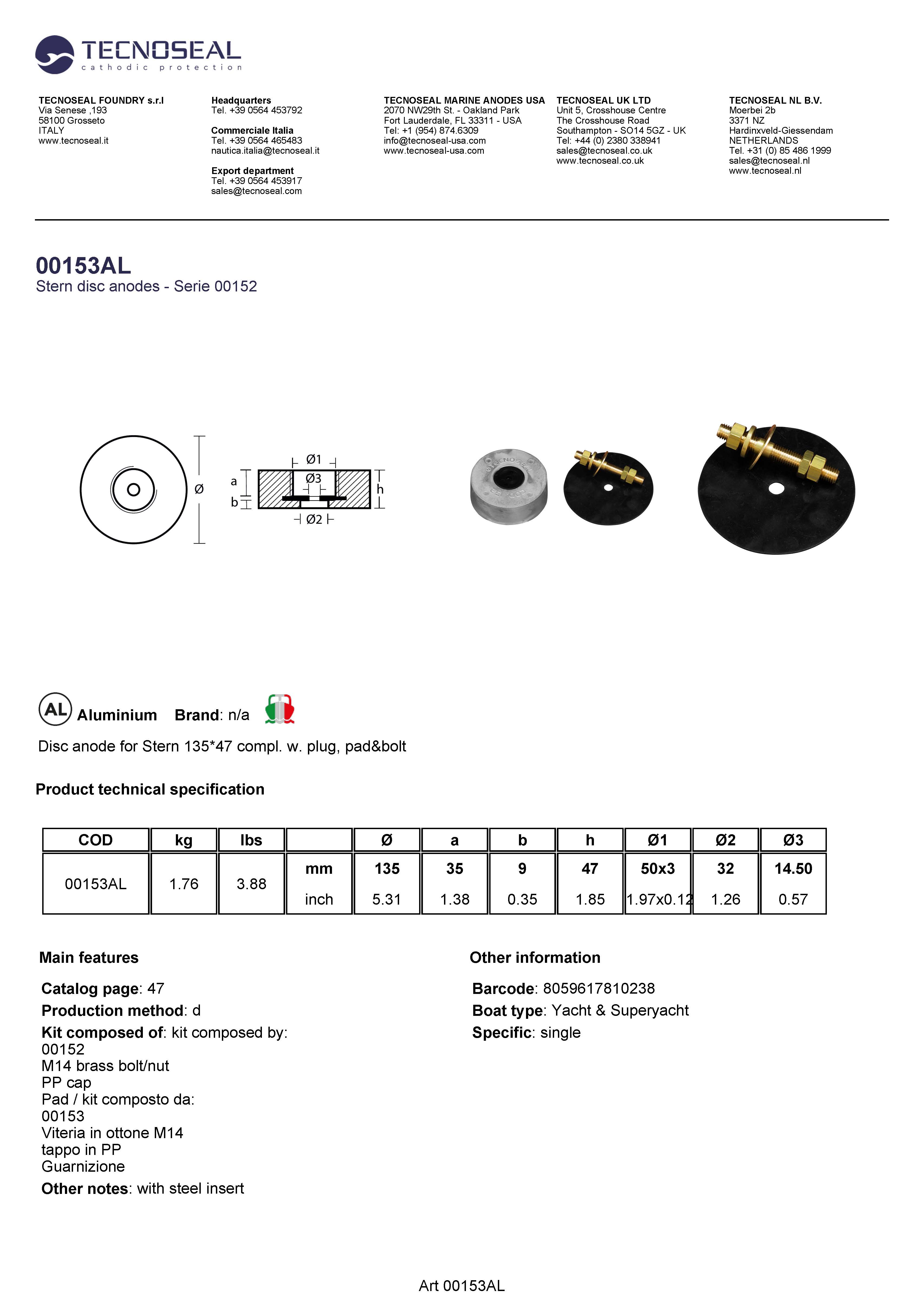 Disc anode for Stern 135*47 compl. w. plug, pad&bolt - 00153al - 00153AL
