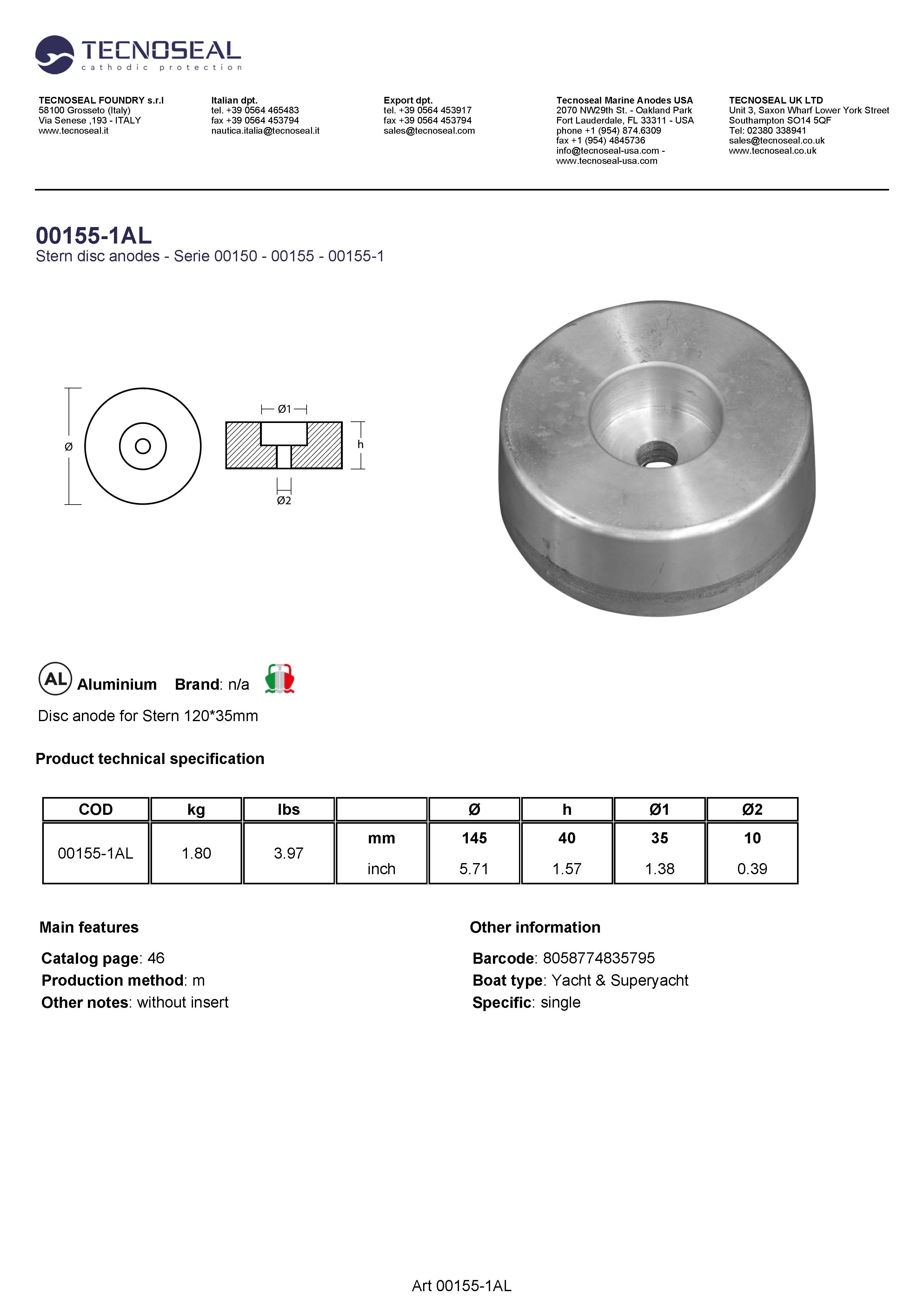 Disc anode for Stern 120*35mm - 00155 1al - 00155-1AL