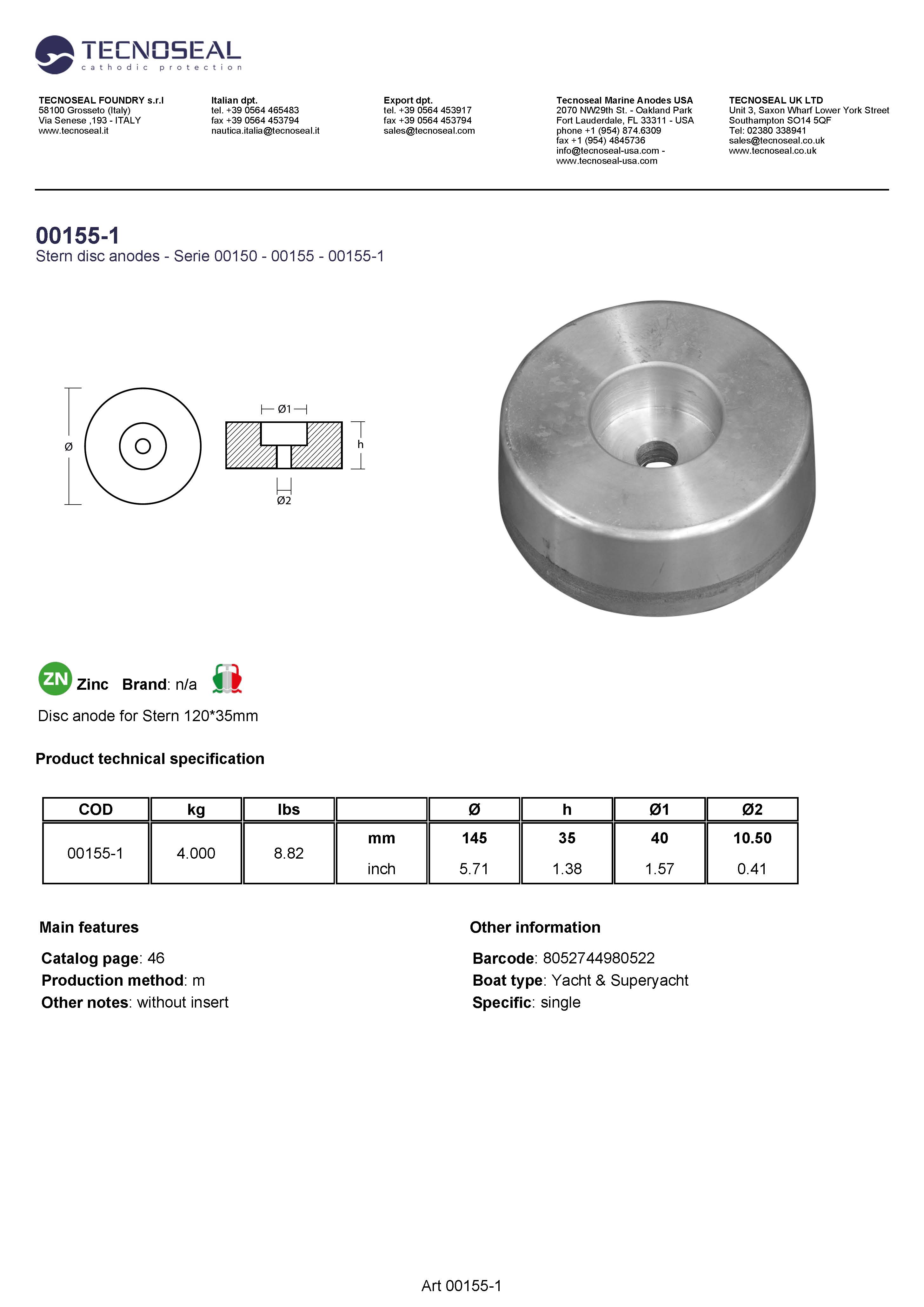 Disc anode for Stern 120*35mm - 00155 3 - 00155-1