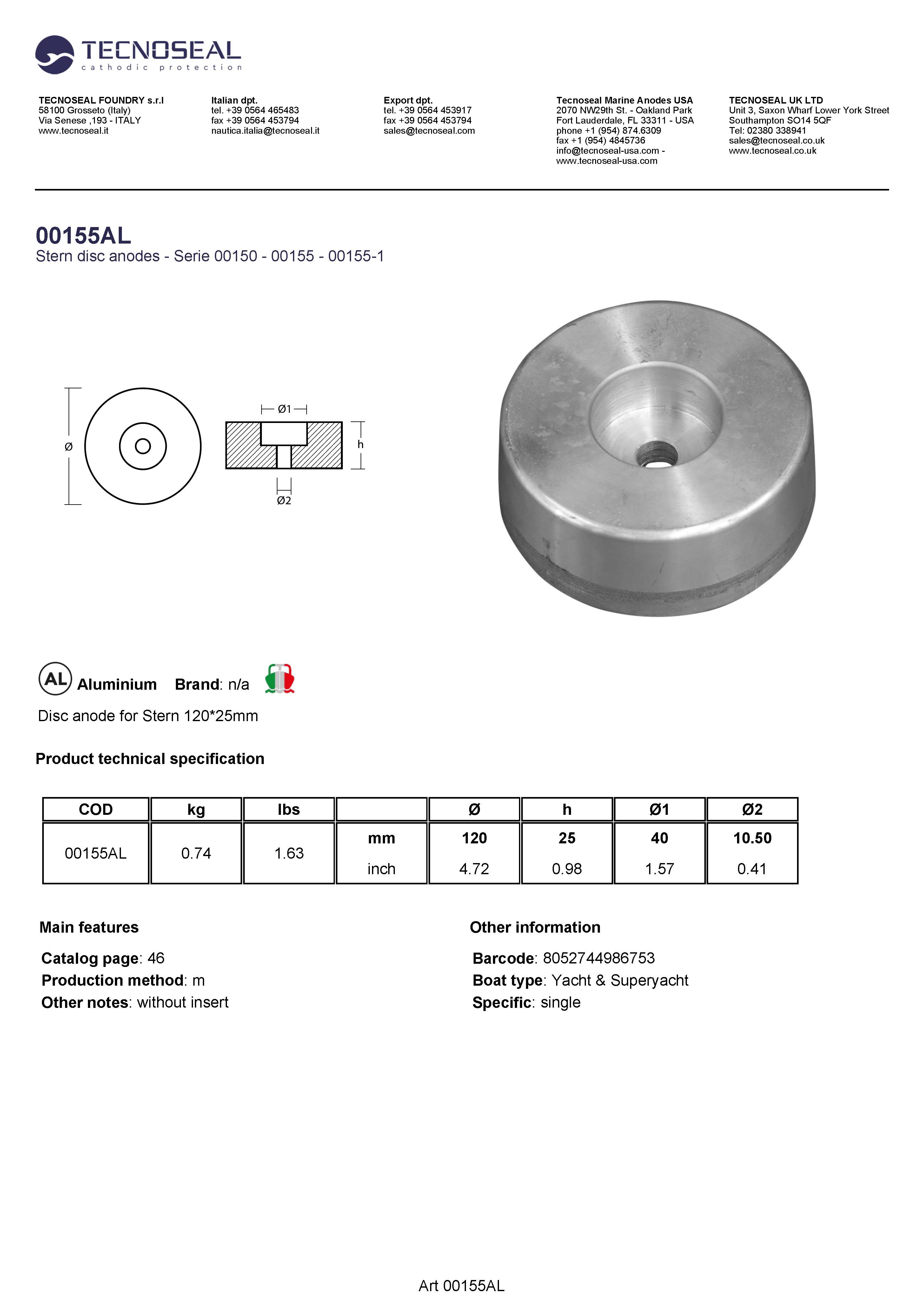 Disc anode for Stern 120*25mm - 00155al - 00155AL