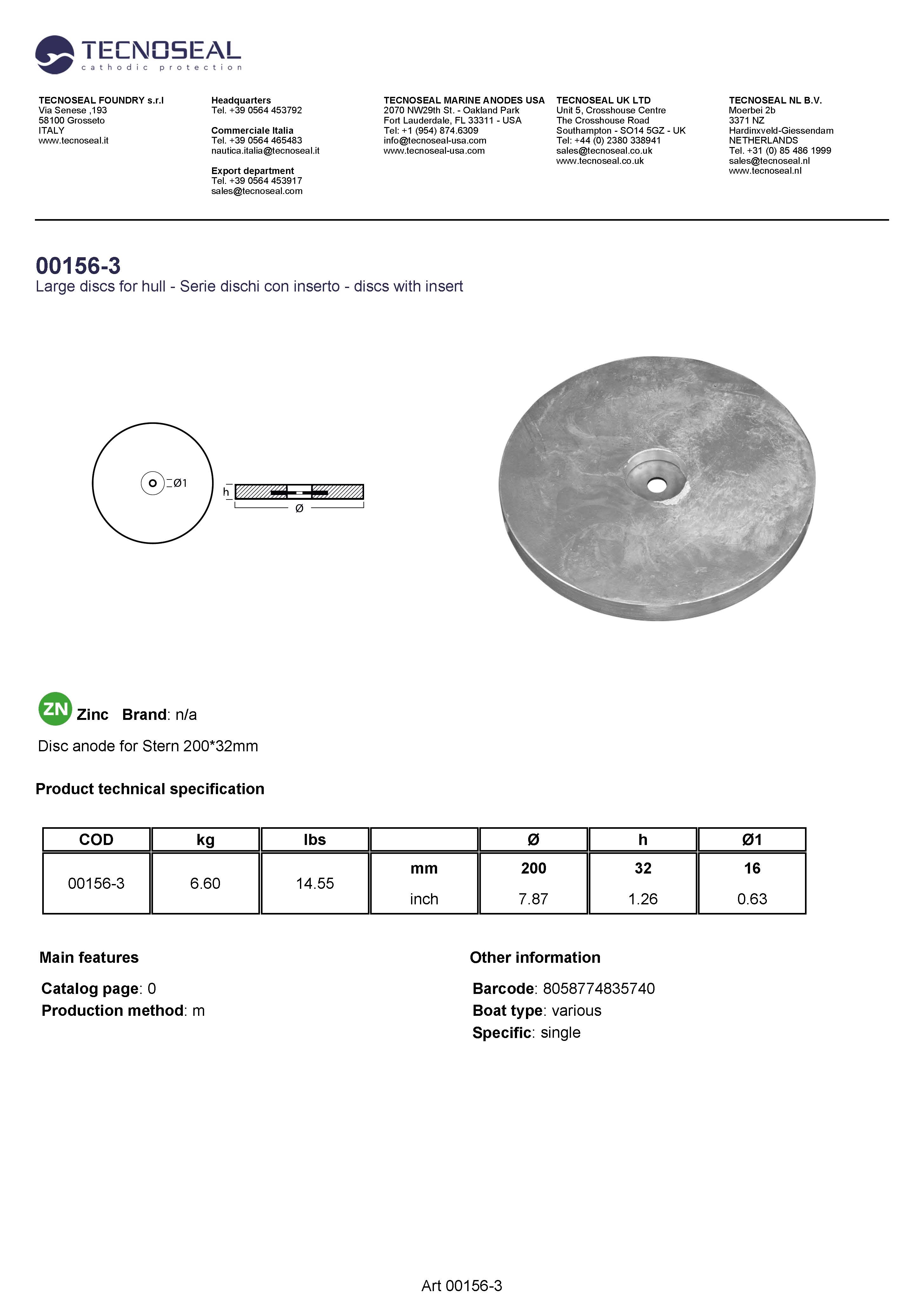 Disc anode for stern 200*32mm - 00156 3 - 00156-3