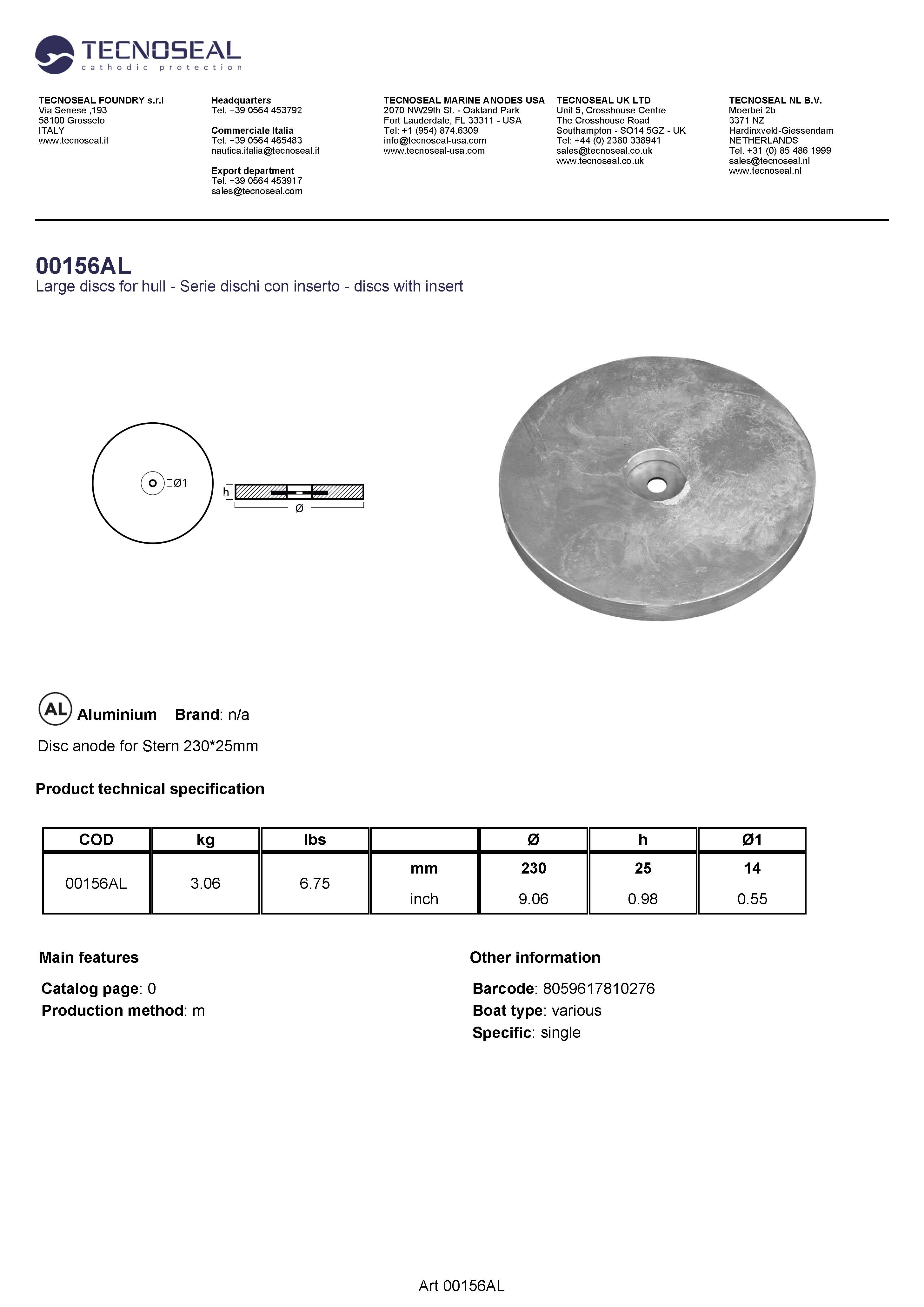 Disc anode for Stern 230*25mm - 00156al - 00156AL