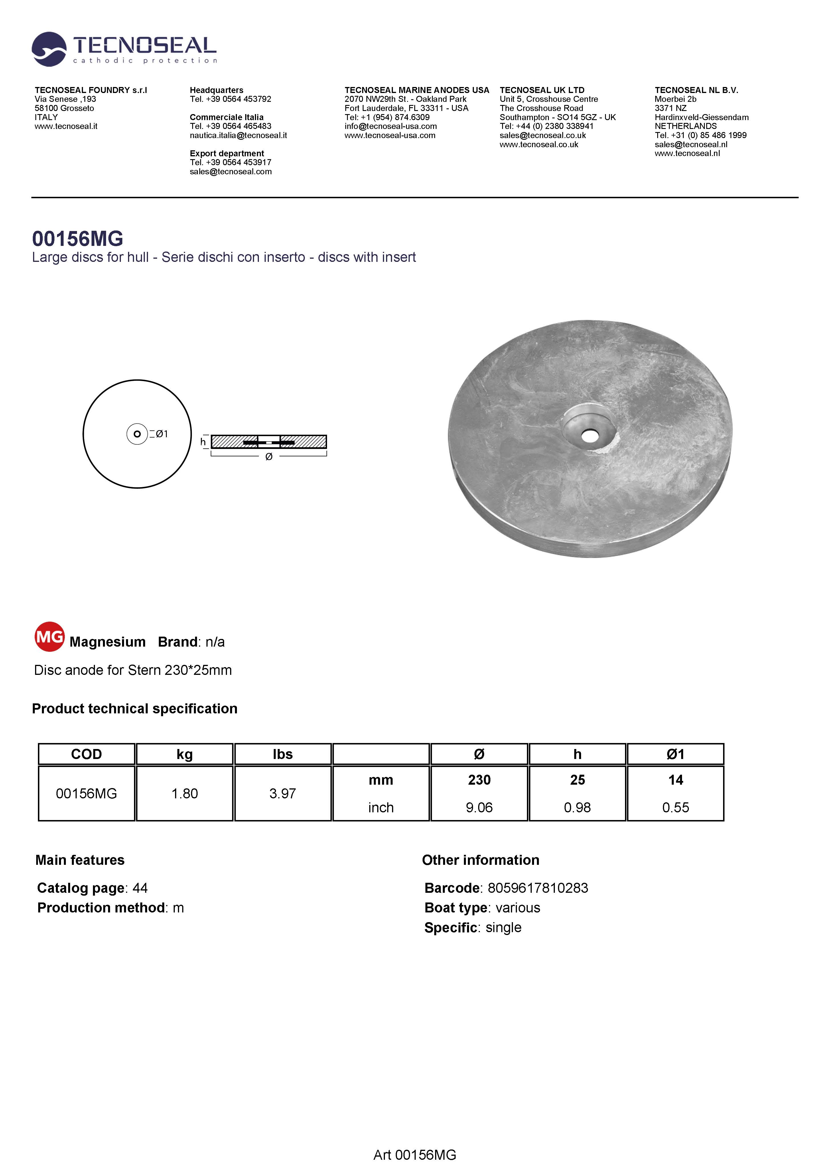 Disc anode for Stern 230*25mm - 00156mg - 00156MG