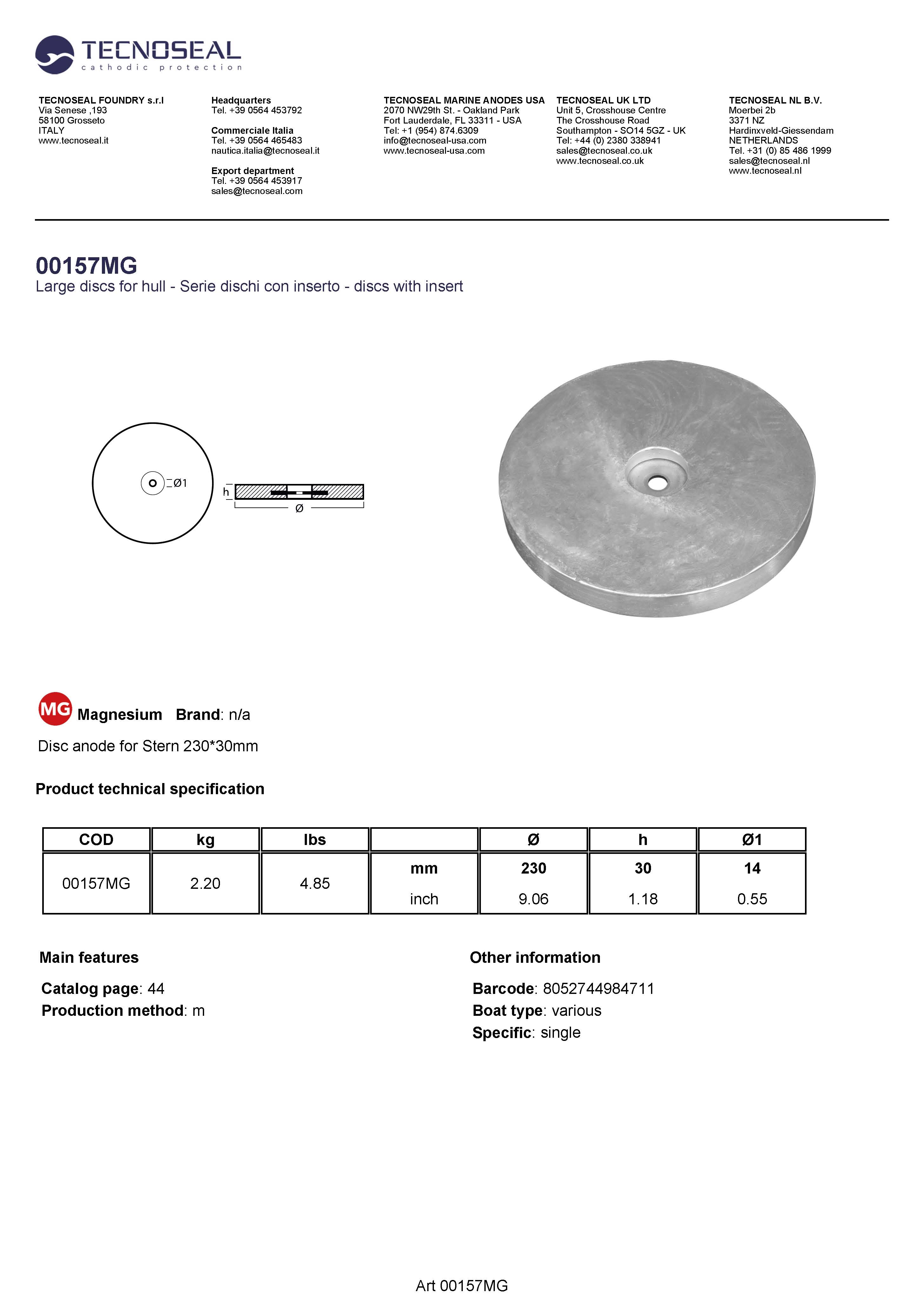 Disc anode for Stern 230*30mm - 00157mg - 00157MG