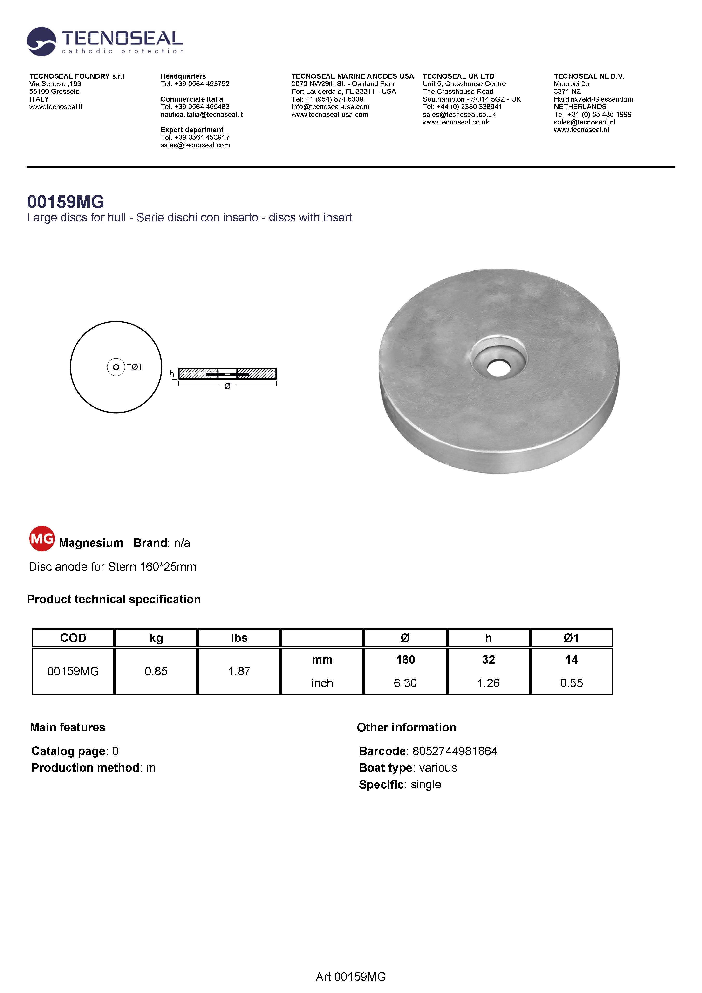 Disc anode for Stern 160*32mm - 00159mg - 00159MG