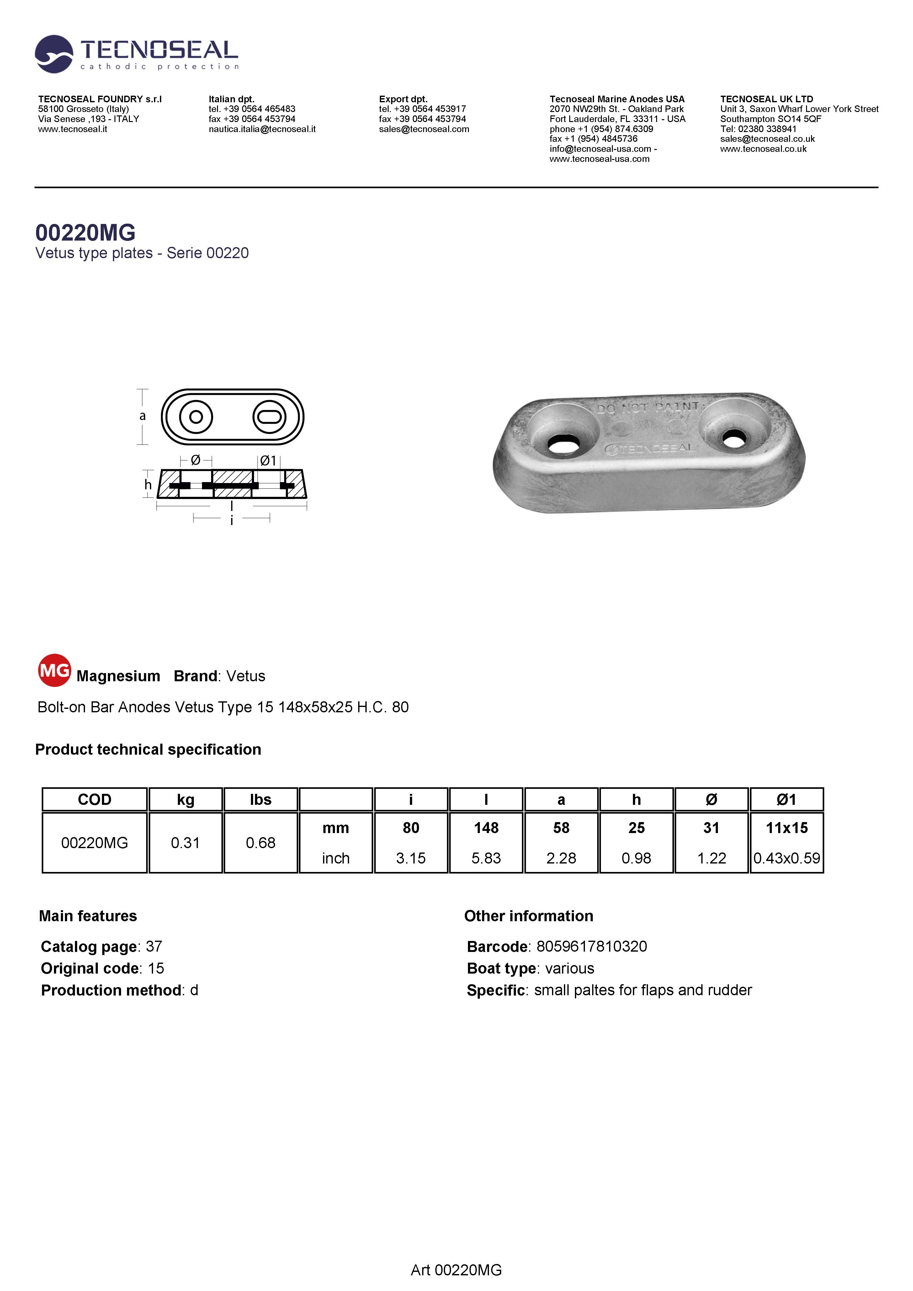 Bolt-on Bar Anodes Vetus Type 15 148x60x25 H.C. 80 - 00220mg 1 - 00220MG