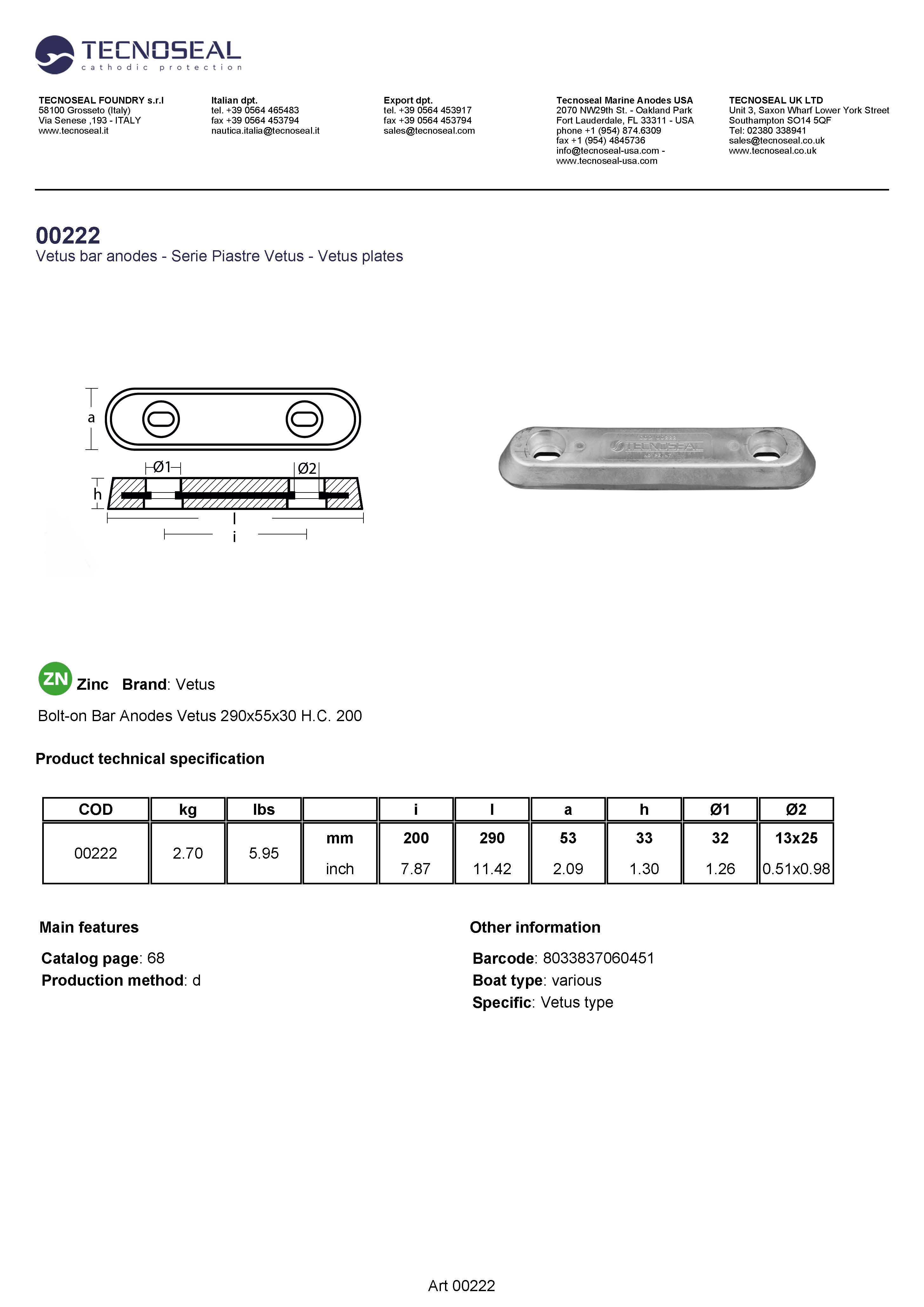 Bolt-on Bar Anodes Vetus 290x55x30 H.C. 200 - 00222 1 - 00222