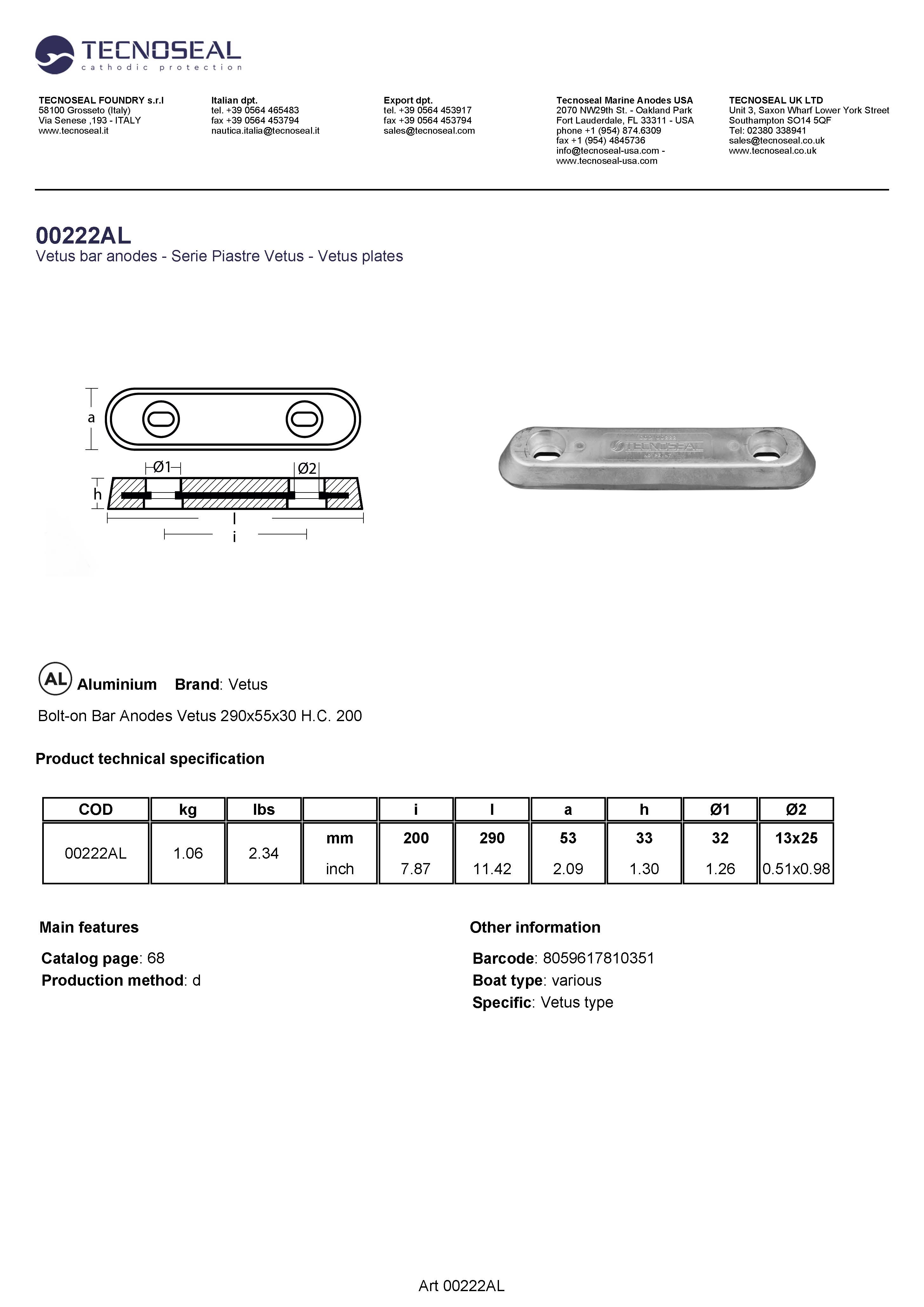 Bolt-on Bar Anodes Vetus 290x55x30 H.C. 200 - 00222al - 00222AL