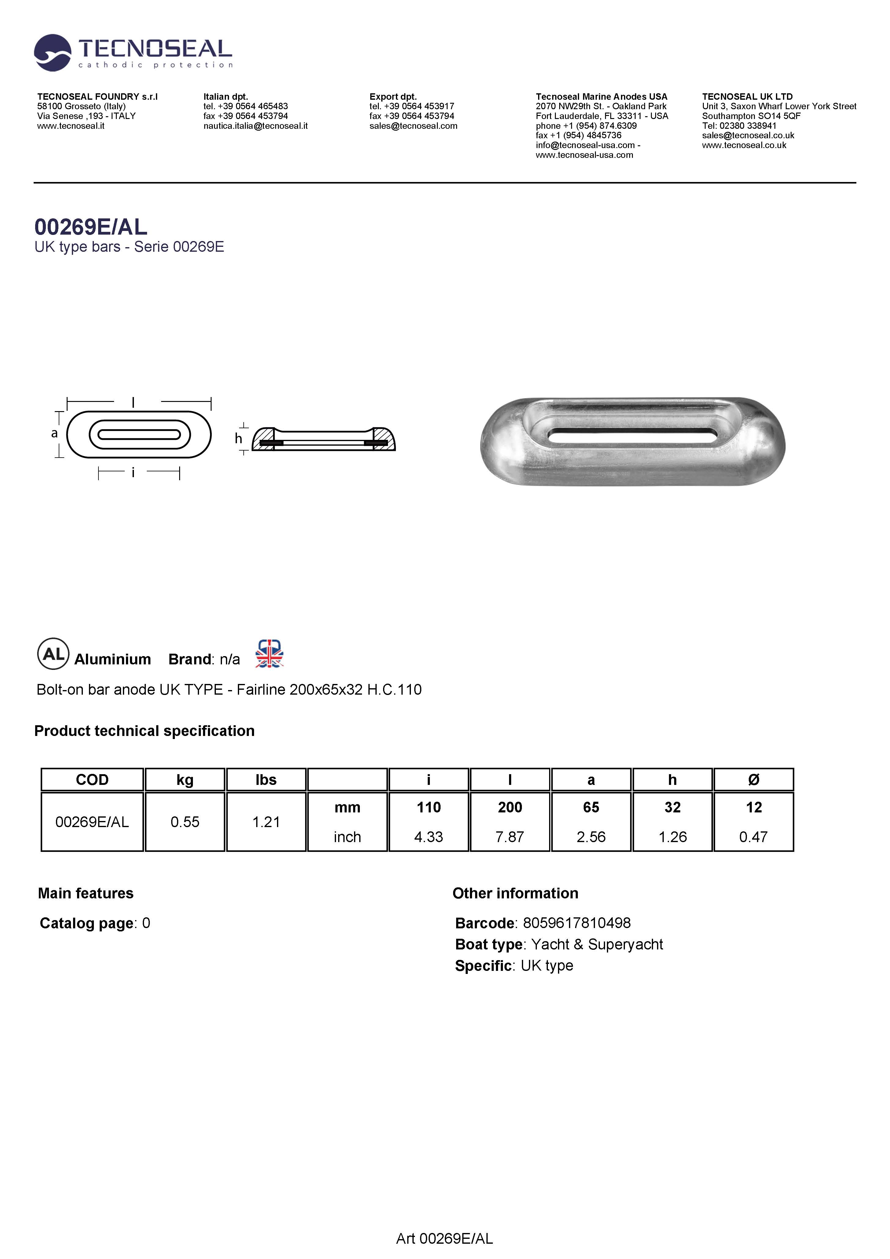 Bolt-on bar anode UK TYPE - Fairline 200x65x32  H.C.110 - 00269eal 1 - 00269E/AL