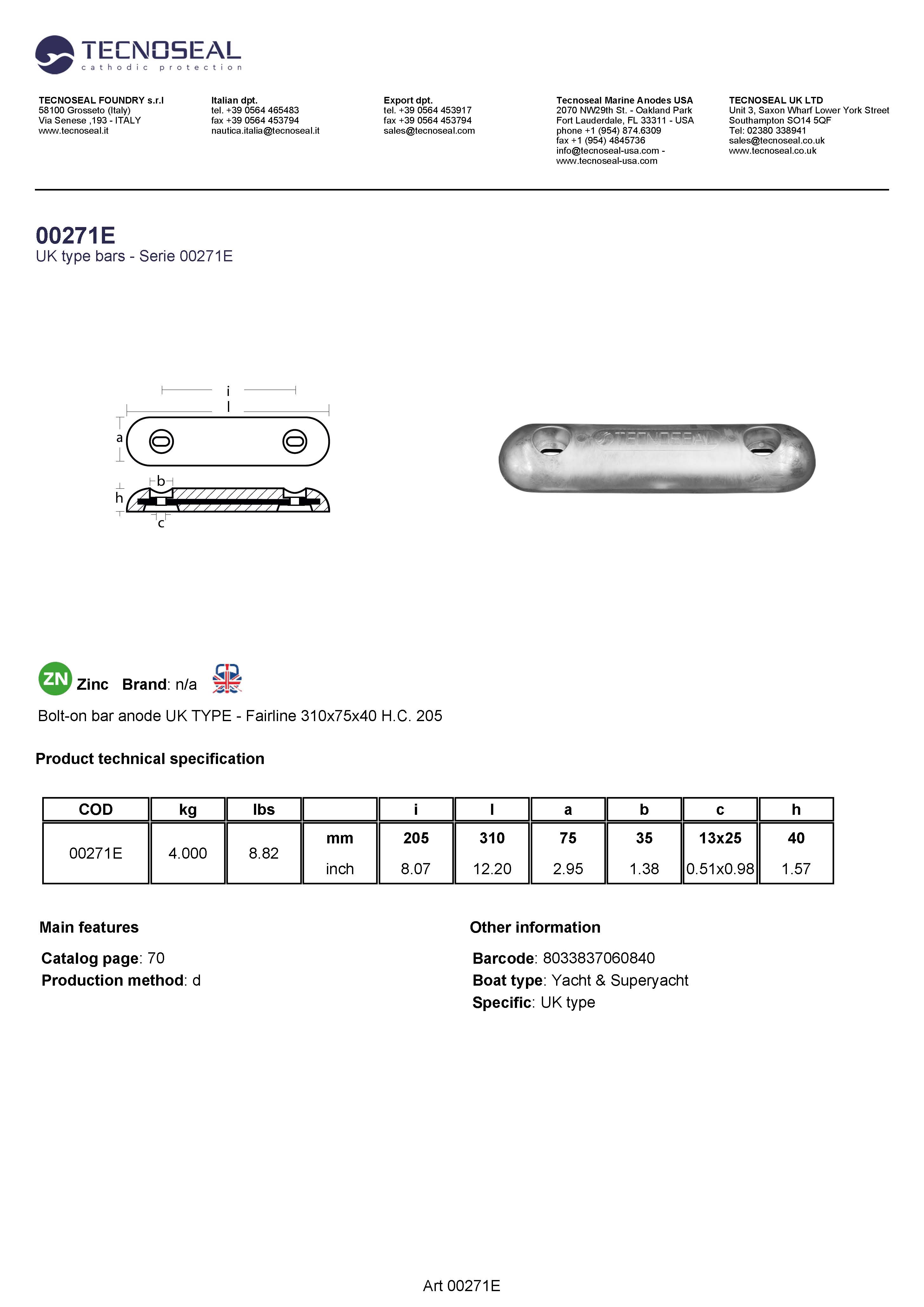 Bolt-on bar anode UK TYPE - Fairline 310x75x40 H.C. 205 - 00271e 2 - 00271E