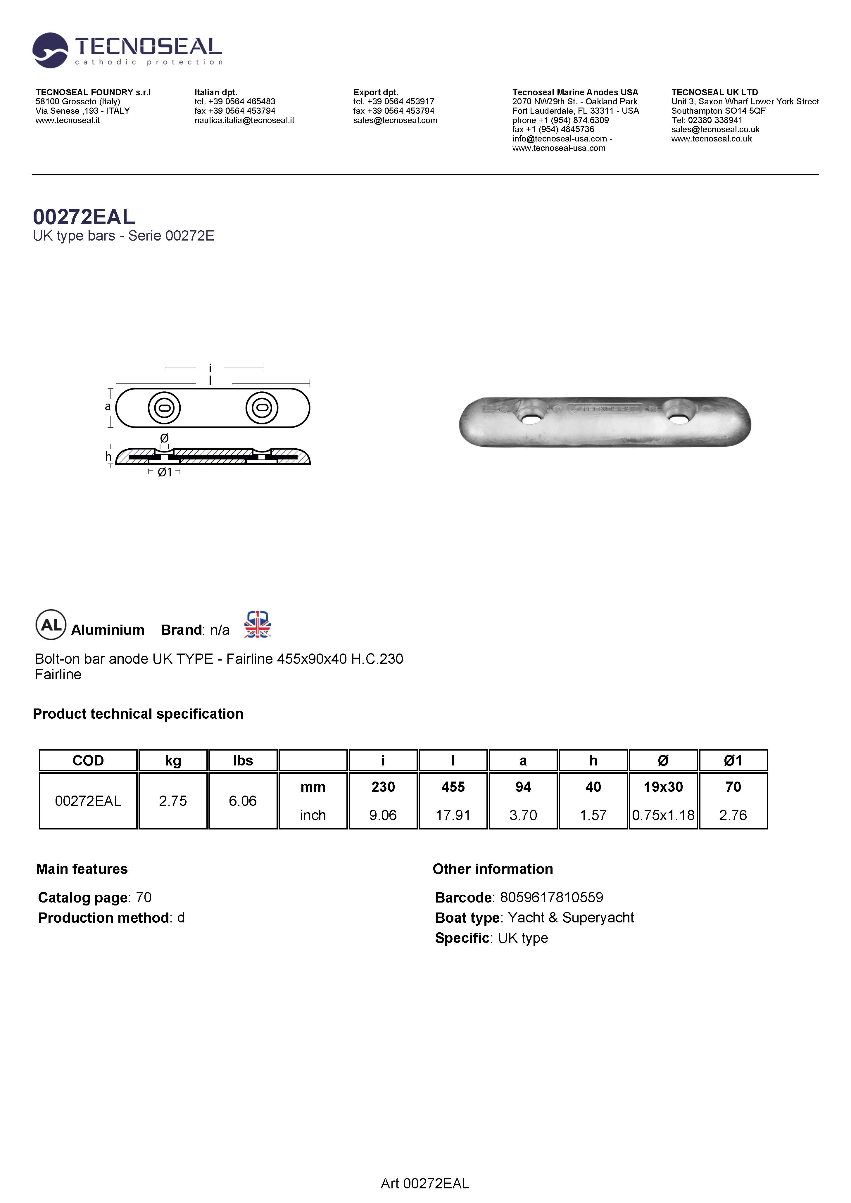 Bolt-on bar anode UK TYPE - Fairline  455x90x40 H.C.230 - 00272eal 1 - 00272EAL