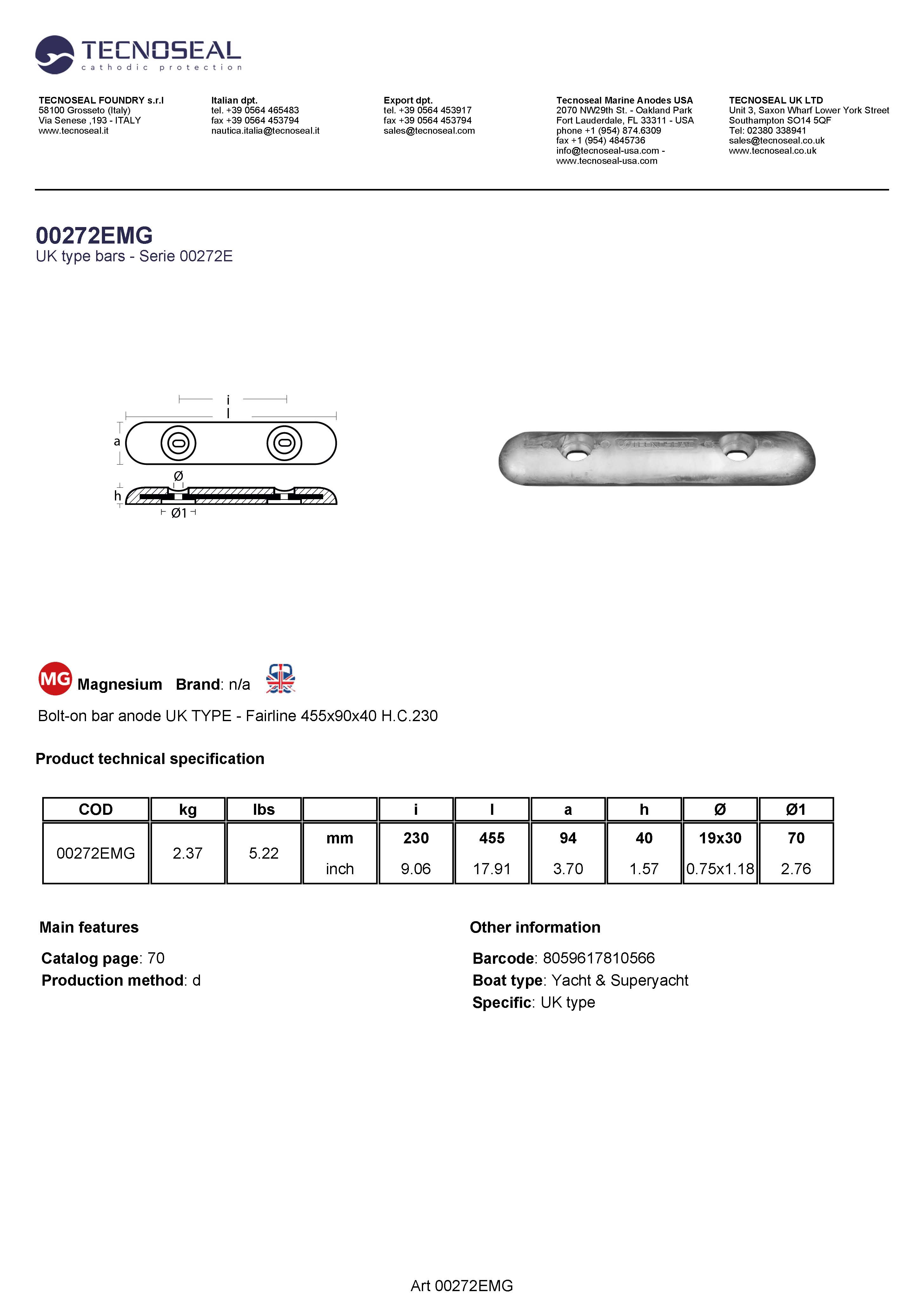 Bolt-on bar anode UK TYPE - Fairline  455x90x40 H.C.230 - 00272emg - 00272EMG