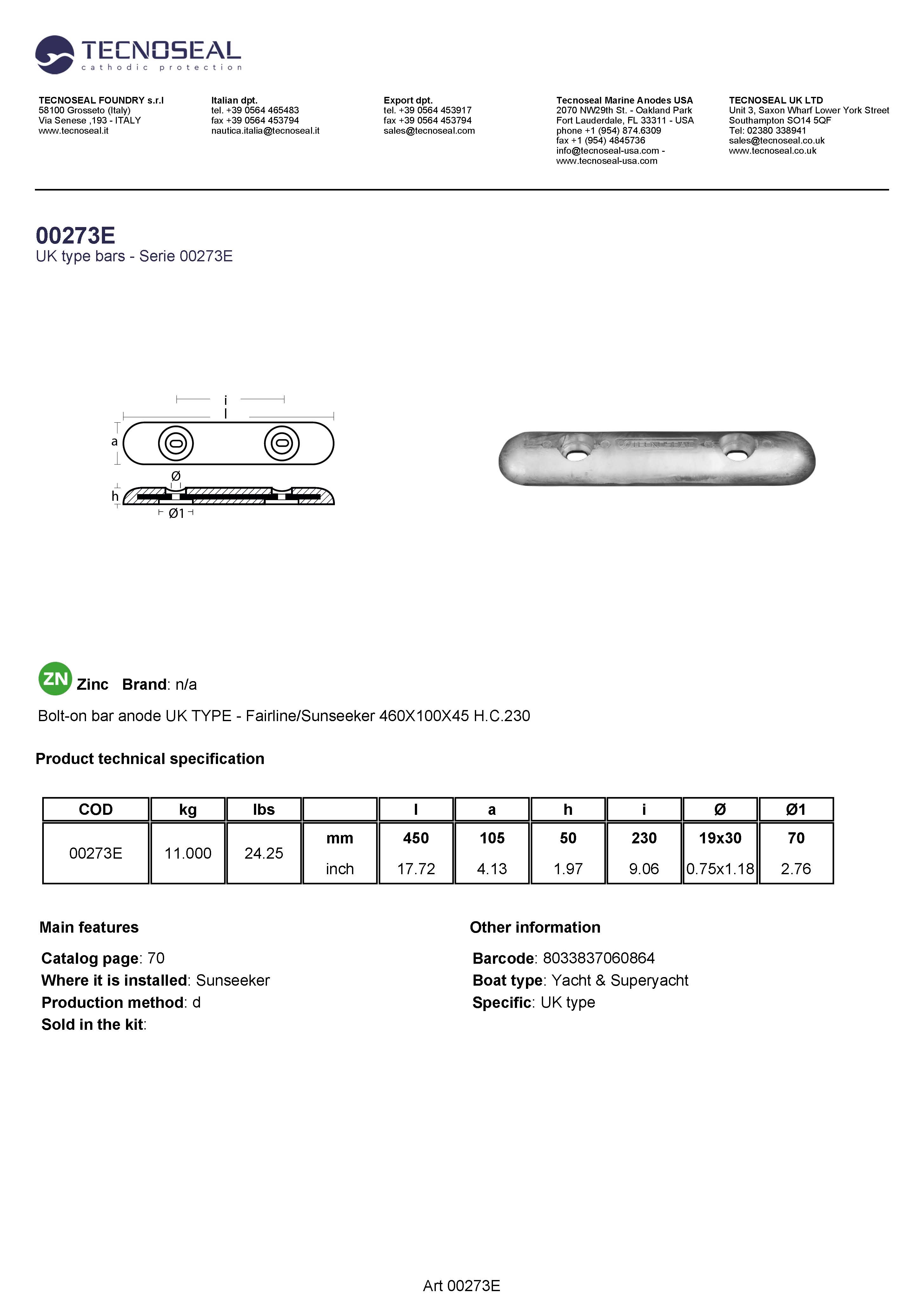 Bolt-on bar anode UK TYPE - Fairline 460X100X45 H.C.230 - 00273e 1 - 00273E