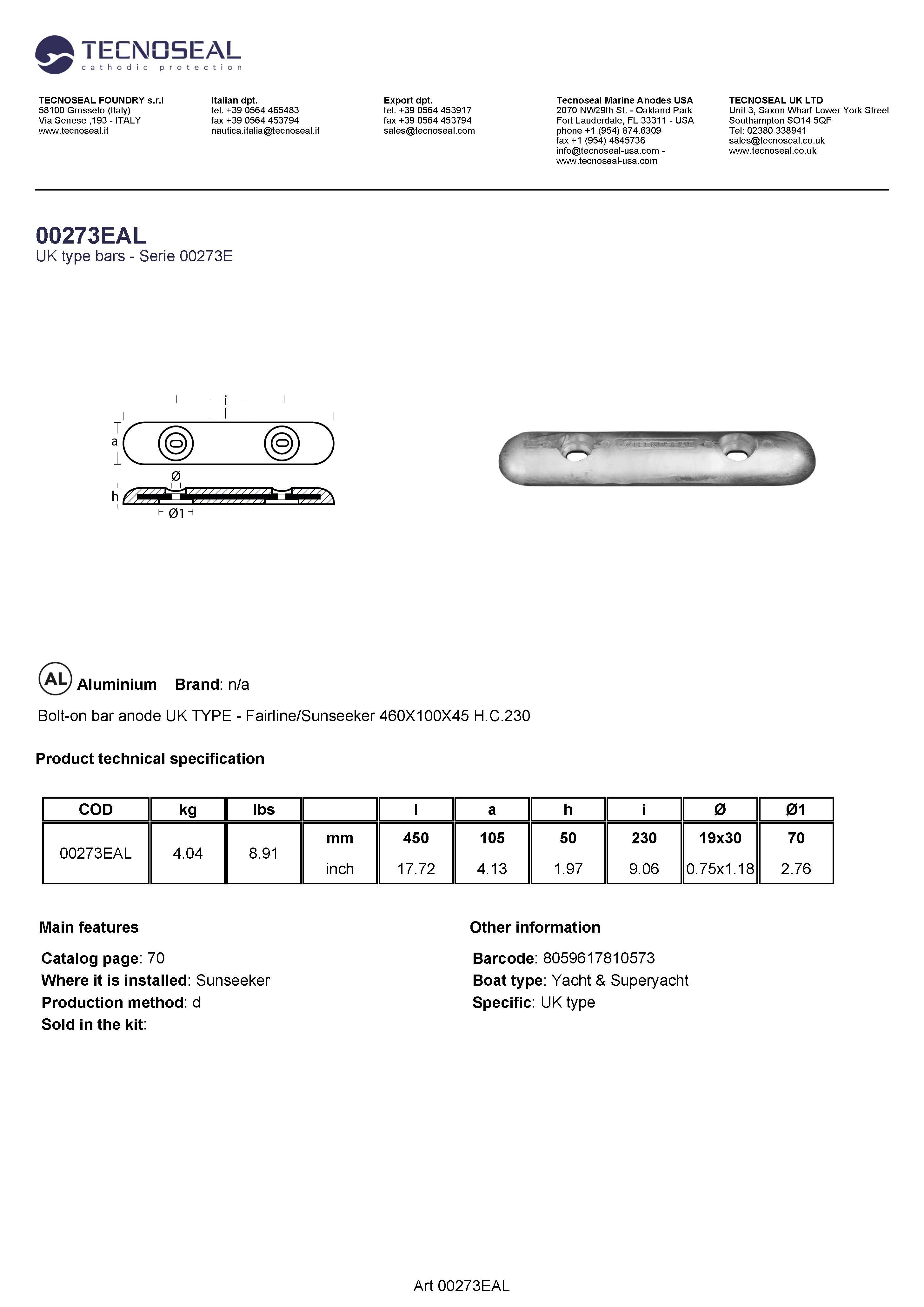 Bolt-on bar anode UK TYPE - Fairline 450X105X50 H.C.230 - 00273eal - 00273EAL