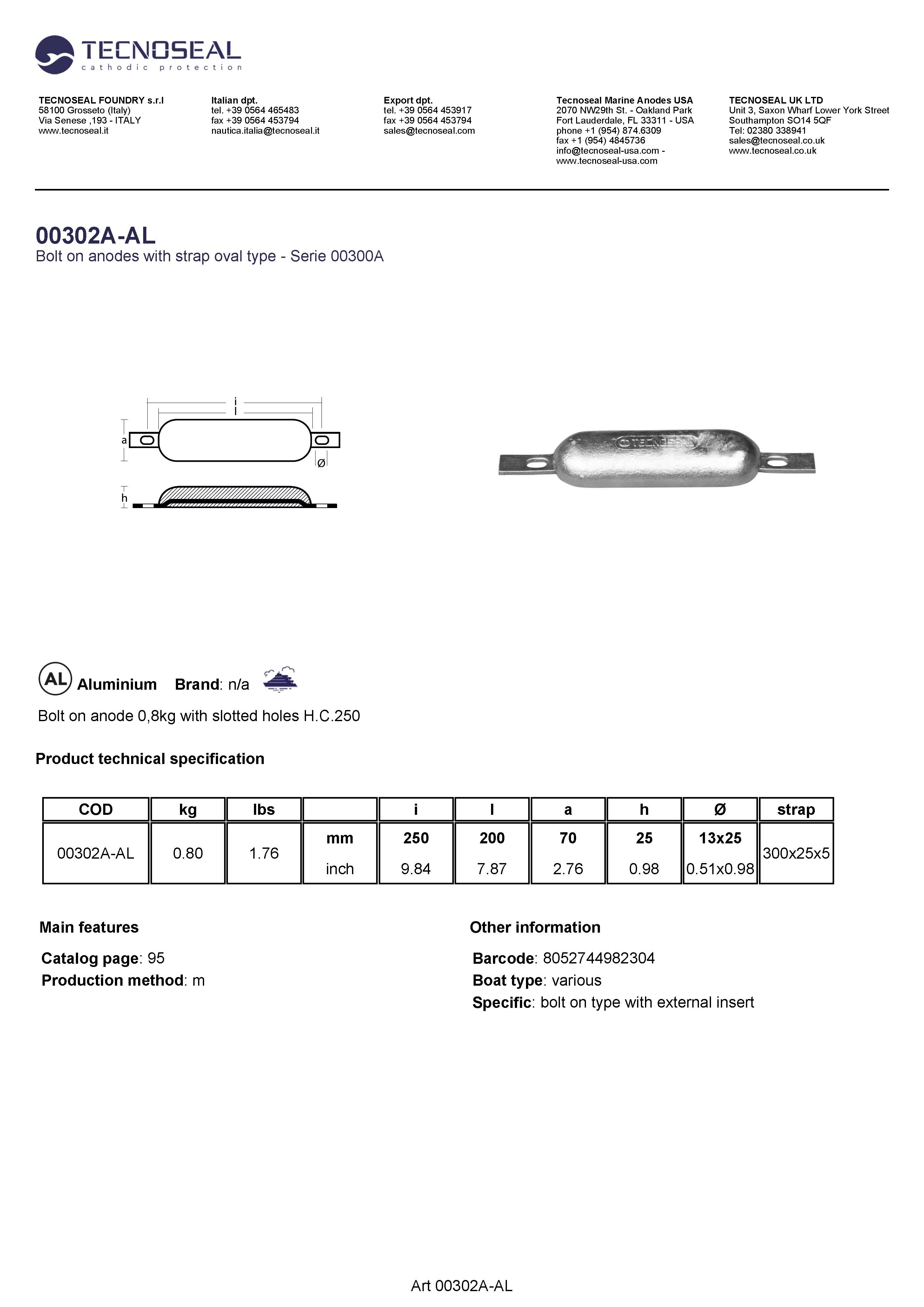 Bolt on anode 0,9kg with slotted holes H.C.250 - 00302a al - 00302A-AL