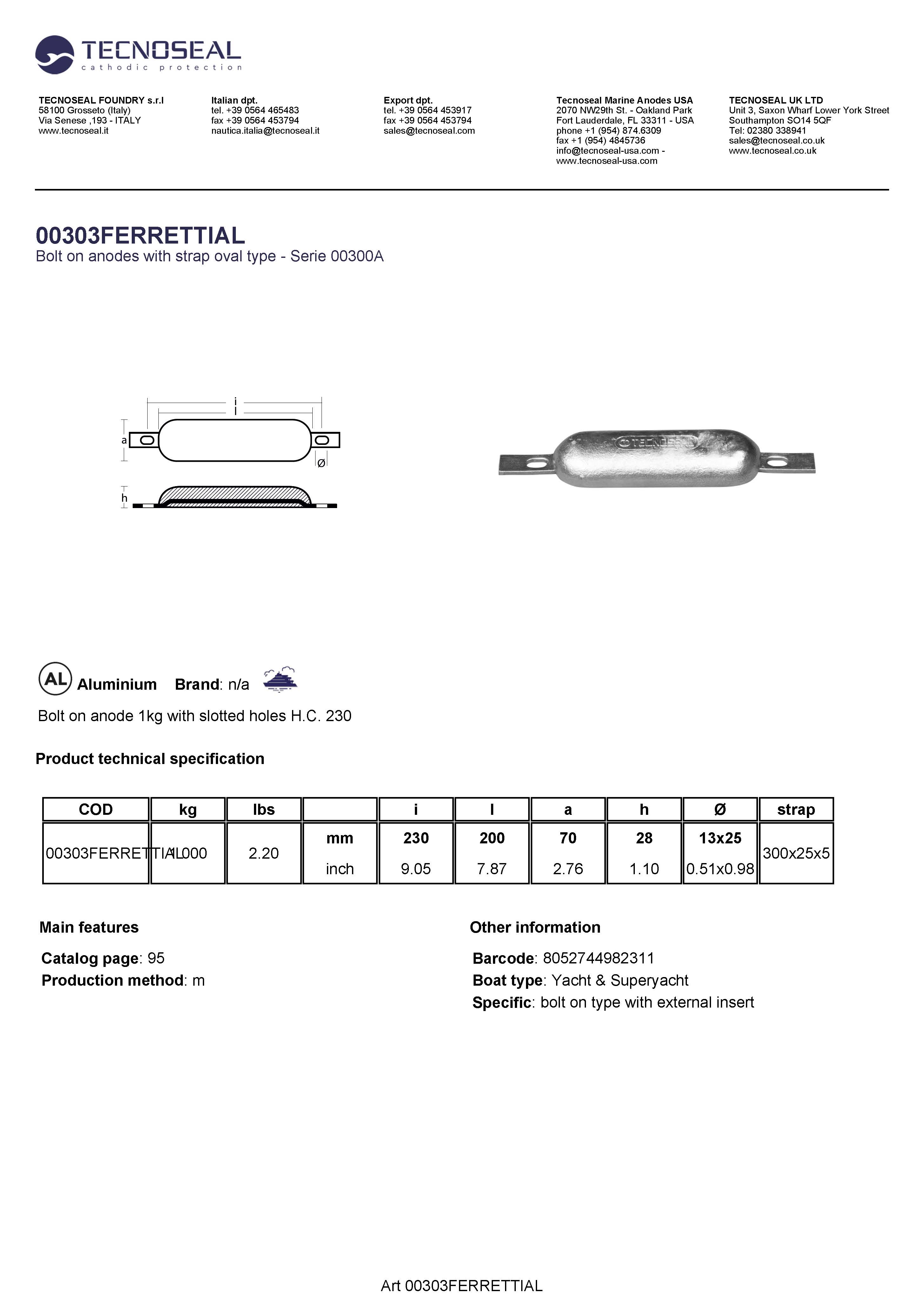 Bolt on anode 1kg with slotted holes H.C.230 - 00303ferrettial - 00303FERRETTIAL