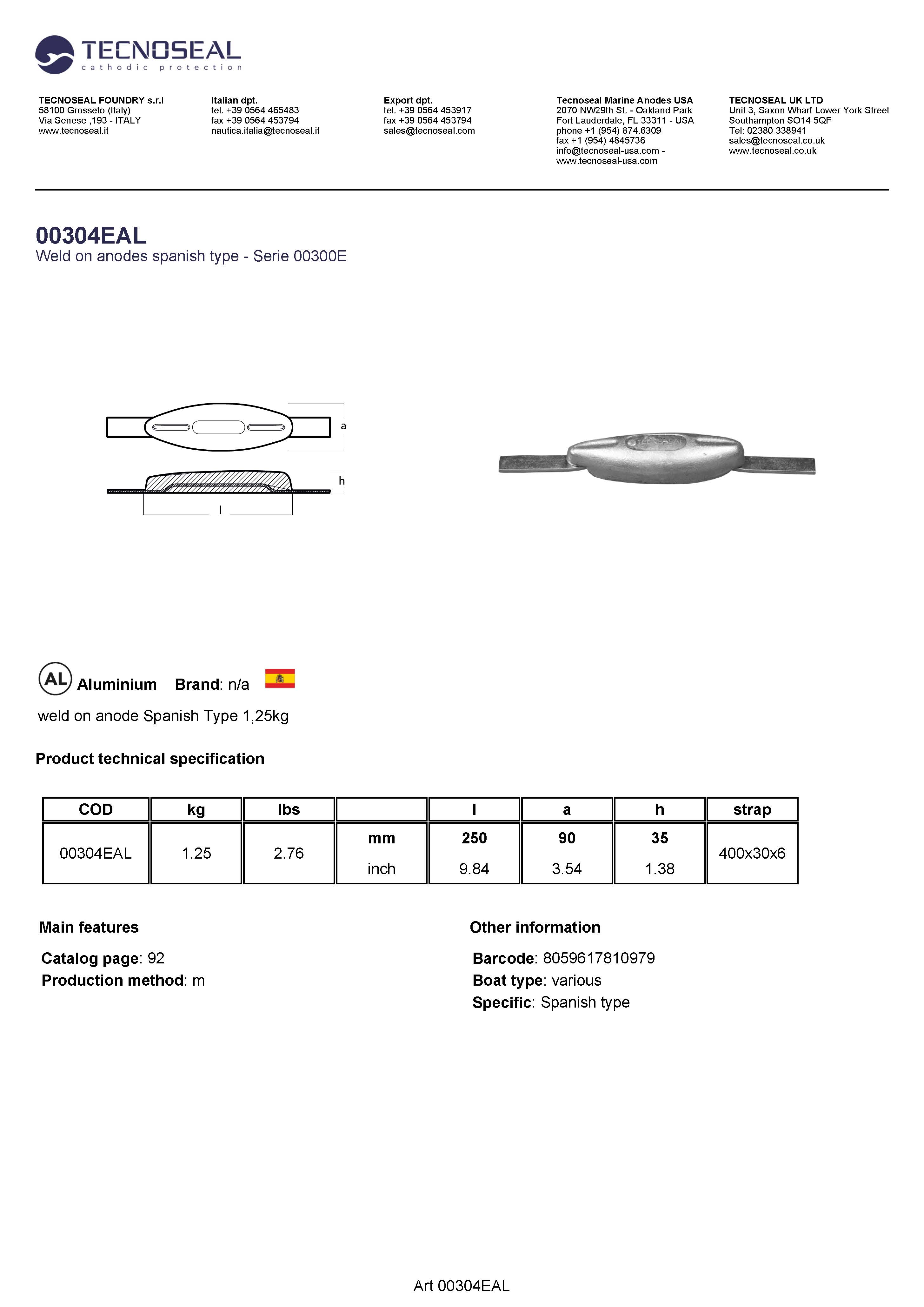 weld on anode Spanish Type 1,25kg - 00304eal - 00304EAL