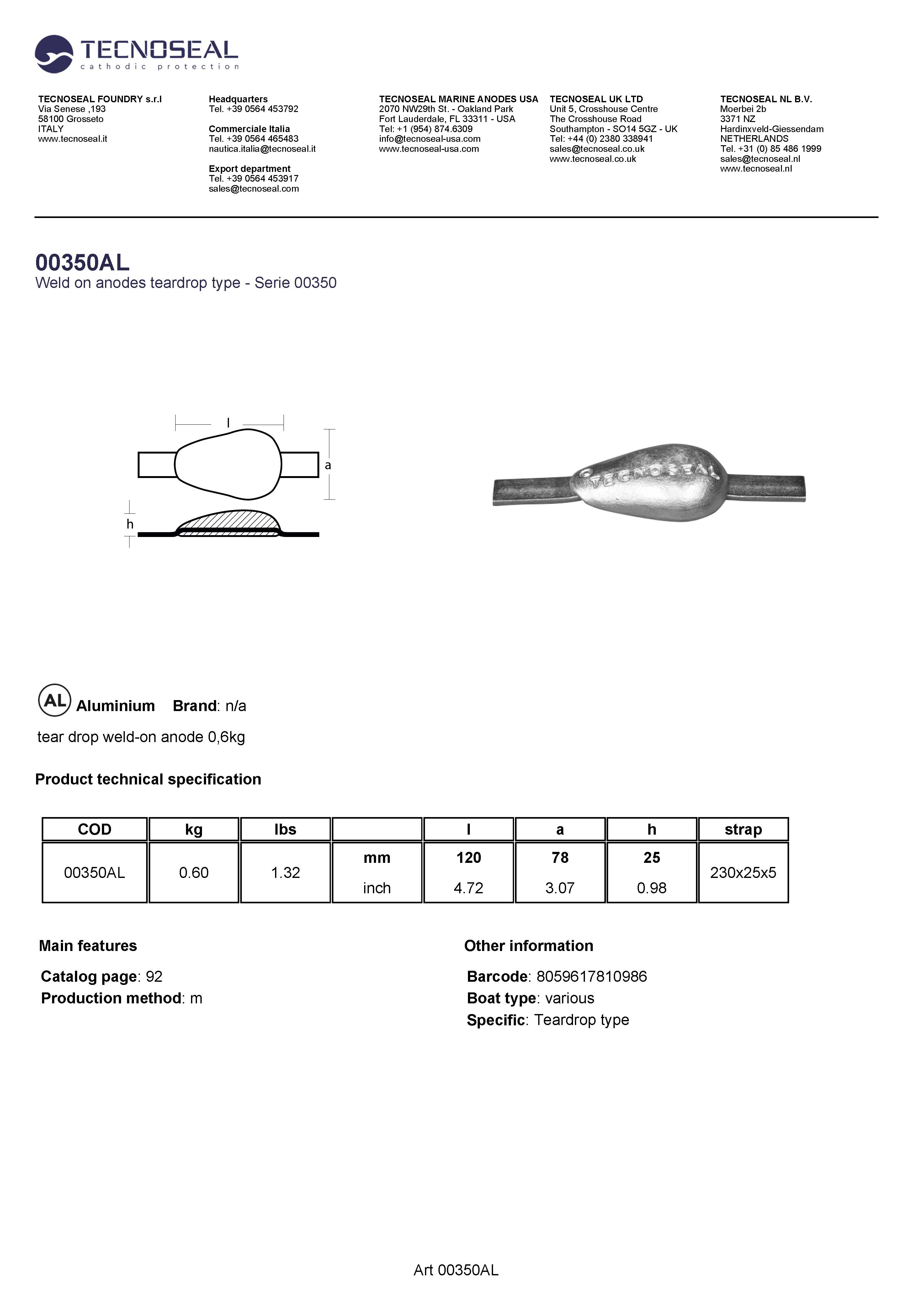 tear drop weld-on anode 0,6kg - 00350al - 00350AL