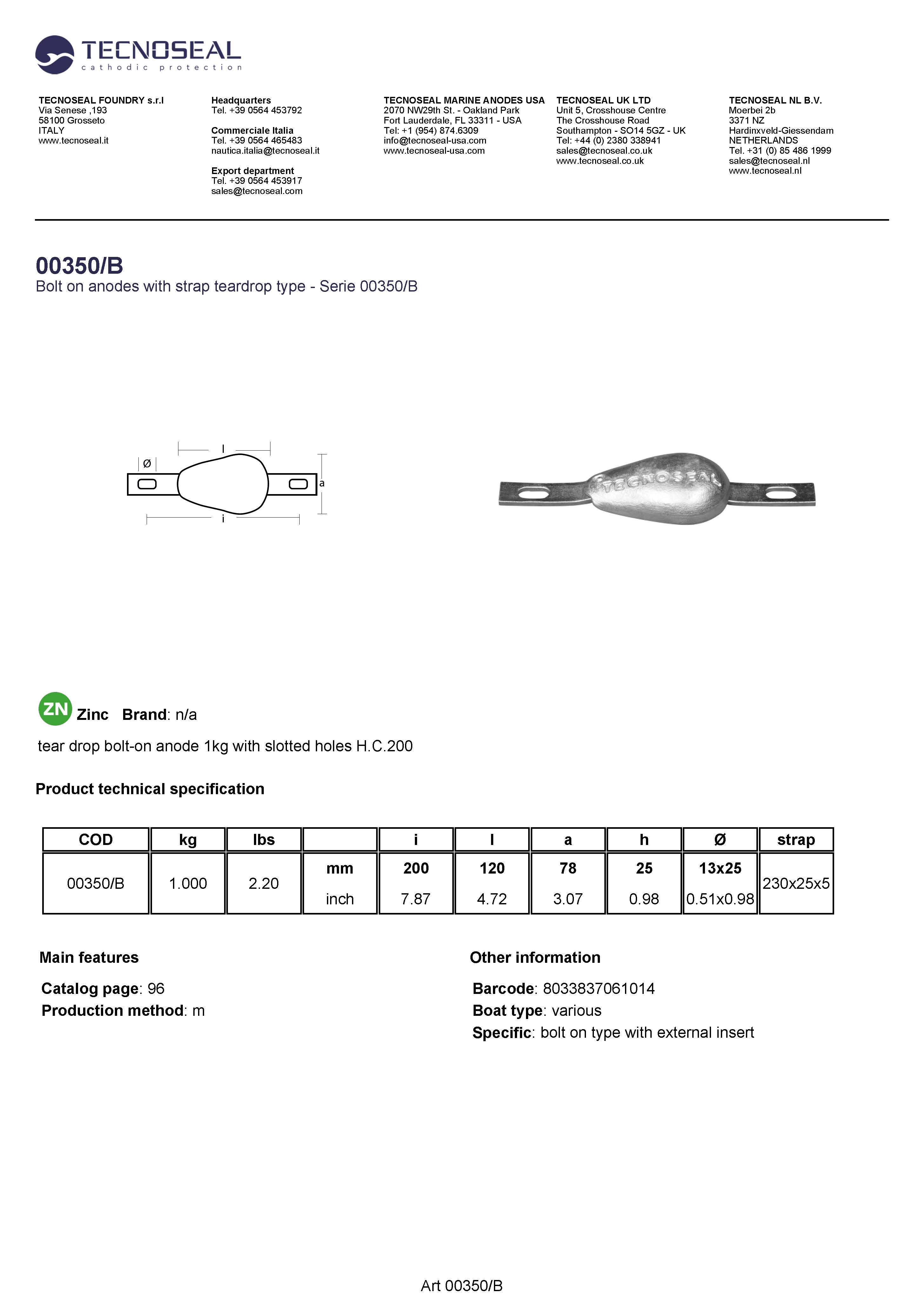 tear drop bolt-on anode 1kg with slotted holes H.C.200 - 00350b - 00350/B