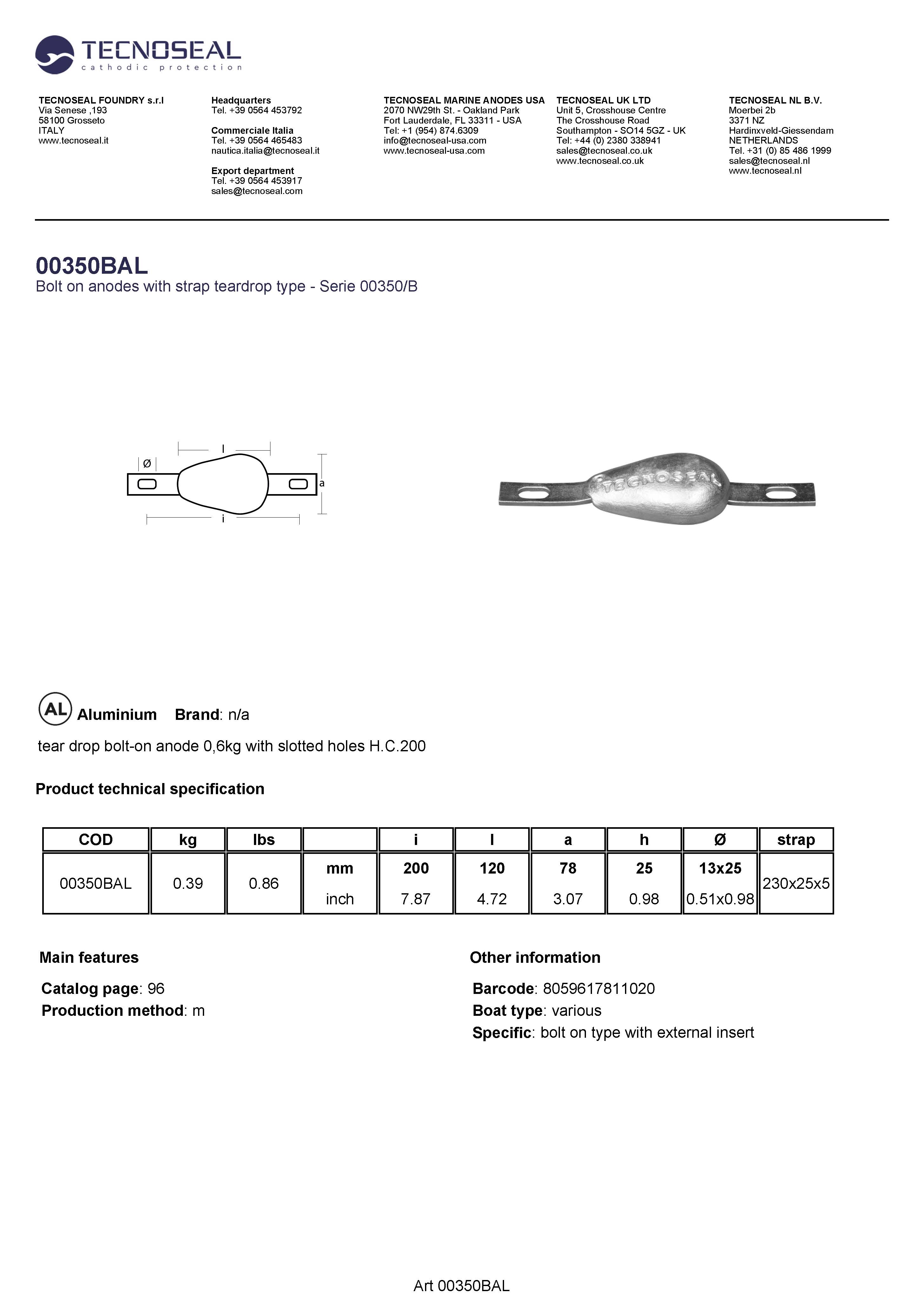 tear drop bolt-on anode 0,6kg with slotted holes H.C.200 - 00350bal - 00350BAL