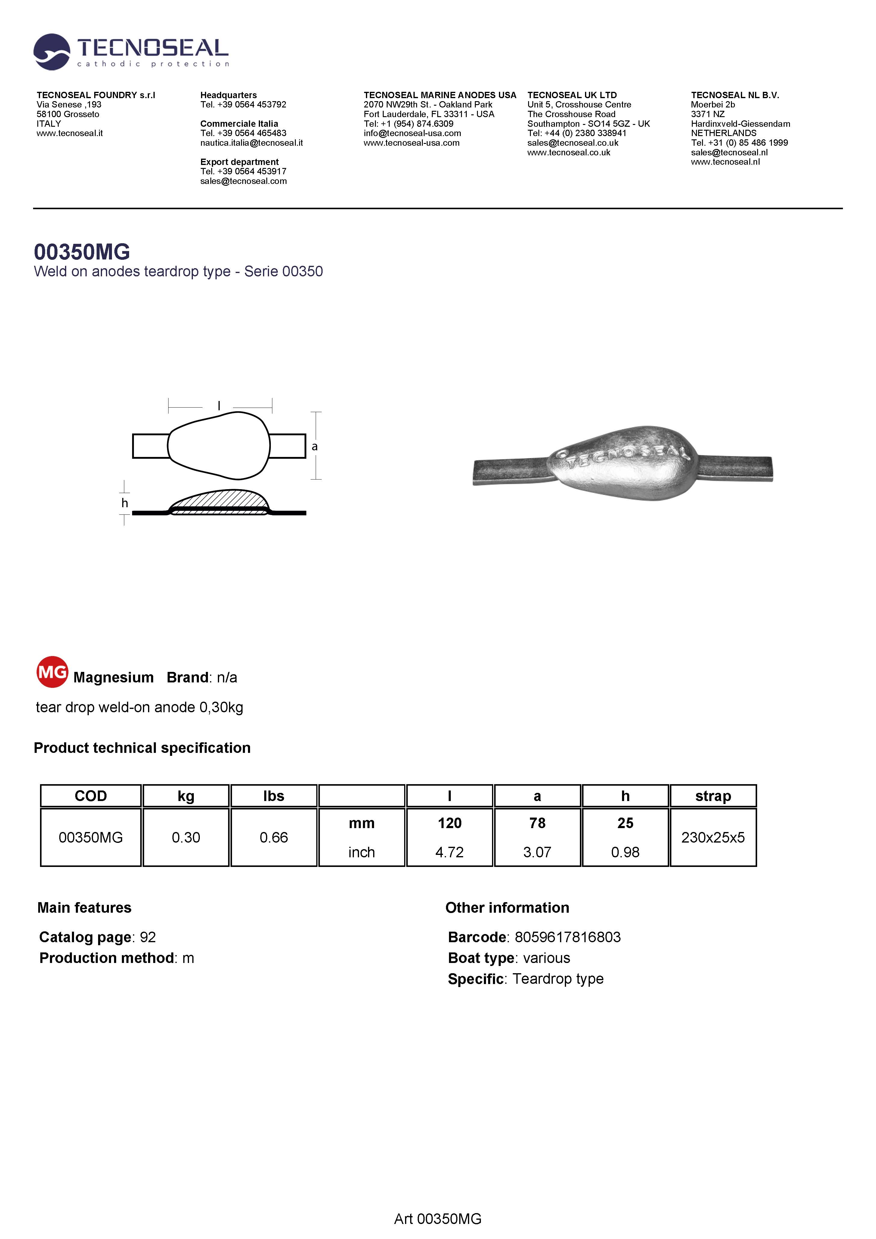 tear drop weld-on anode 0,30kg - 00350mg - 00350MG