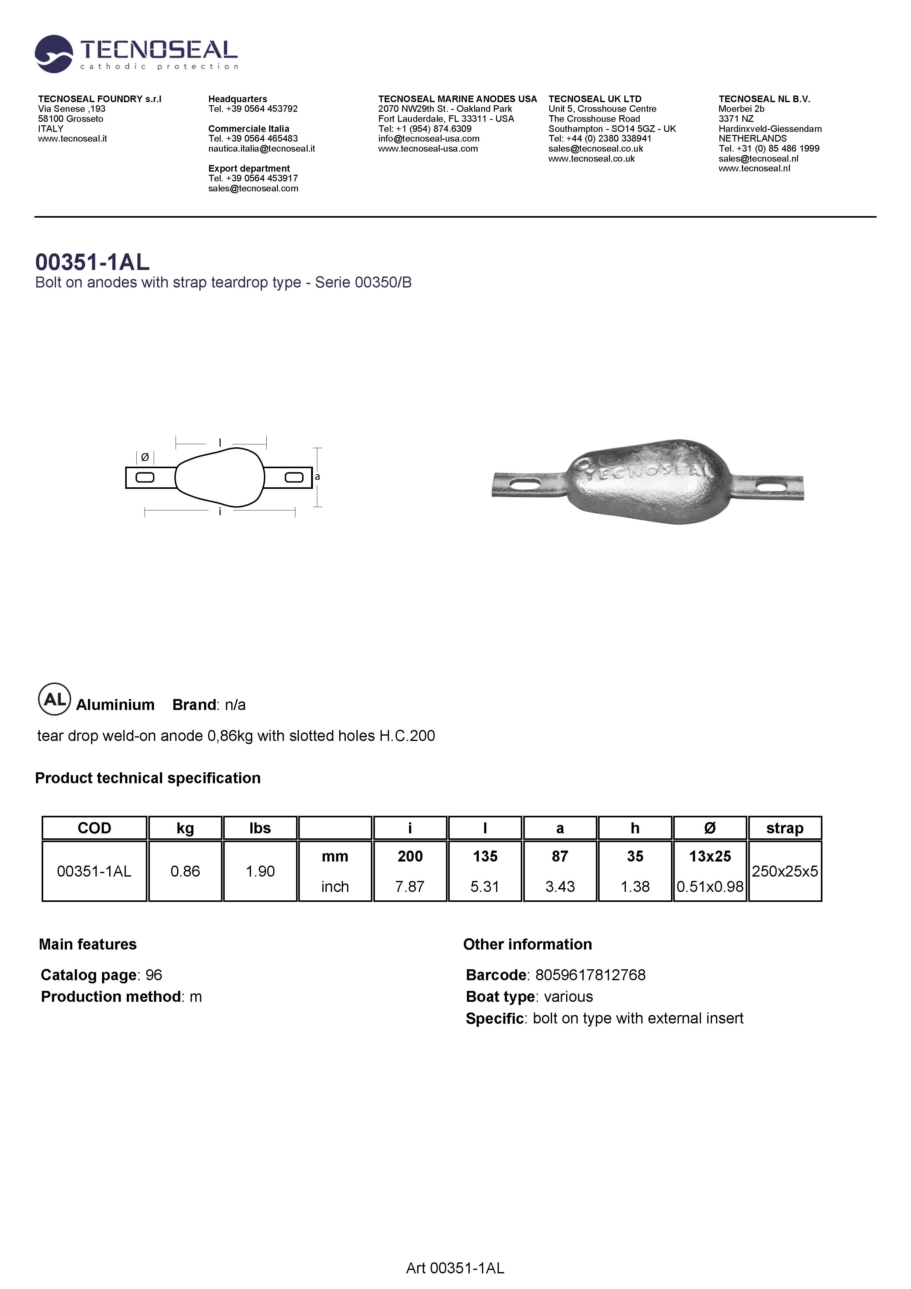 tear drop weld-on anode  0,86kg with slotted holes H.C.200 - 00351 1al - 00351-1AL