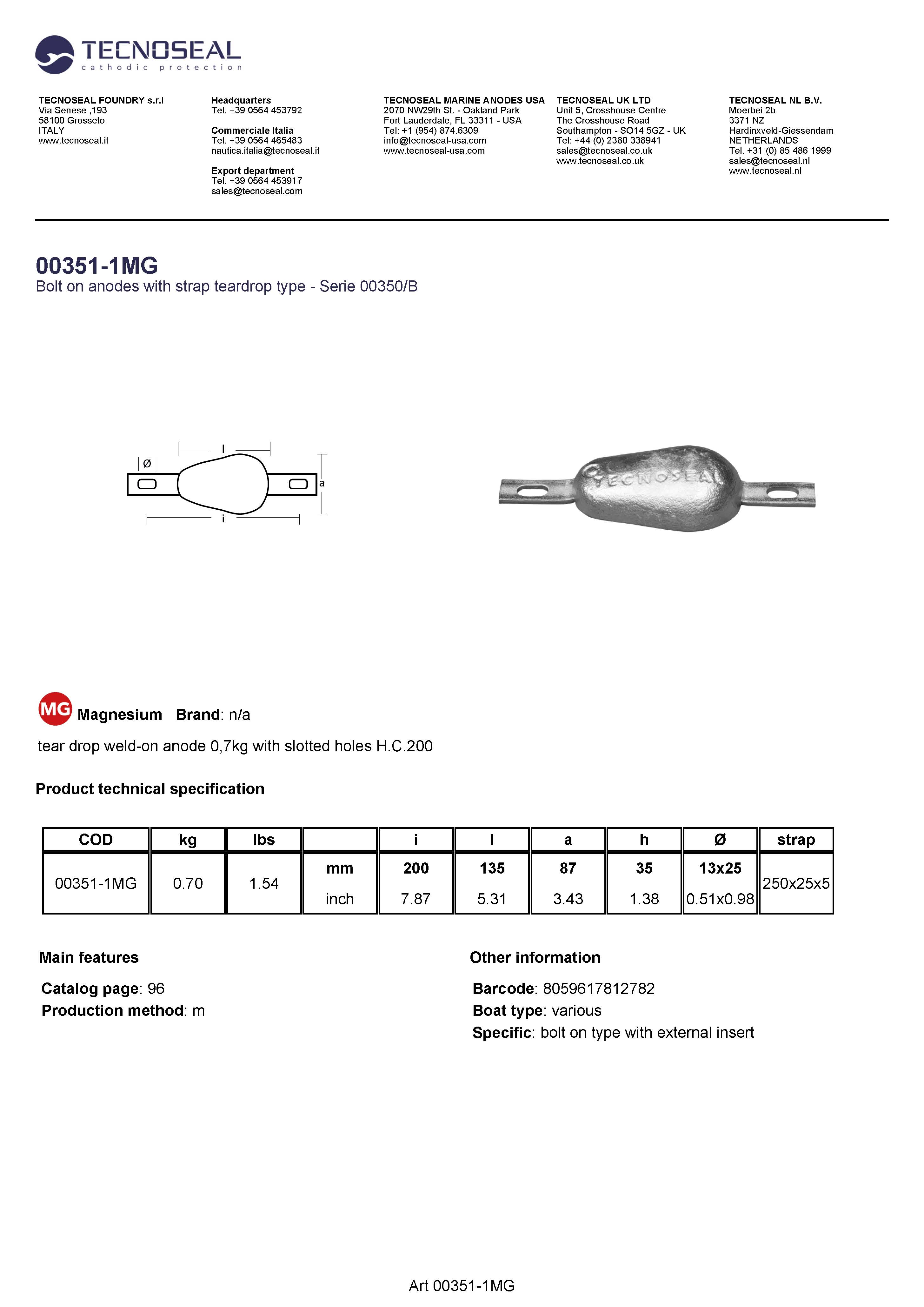 tear drop weld-on anode 0,7kg with slotted holes H.C.200 - 00351 1mg 1 - 00351-1MG