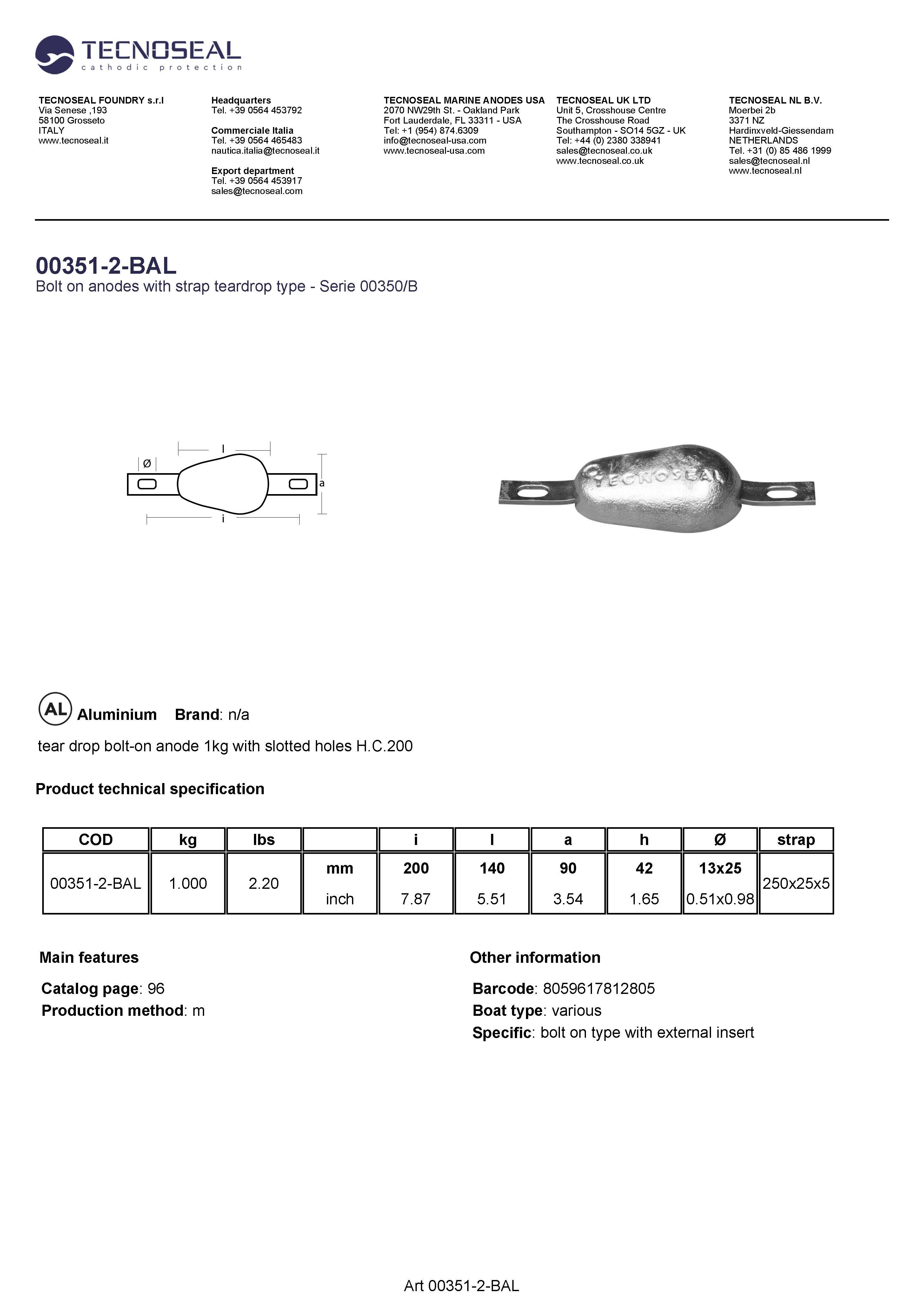 tear drop bolt-on anode 1kg with slotted holes H.C.200 - 00351 2 bal - 00351-2-BAL