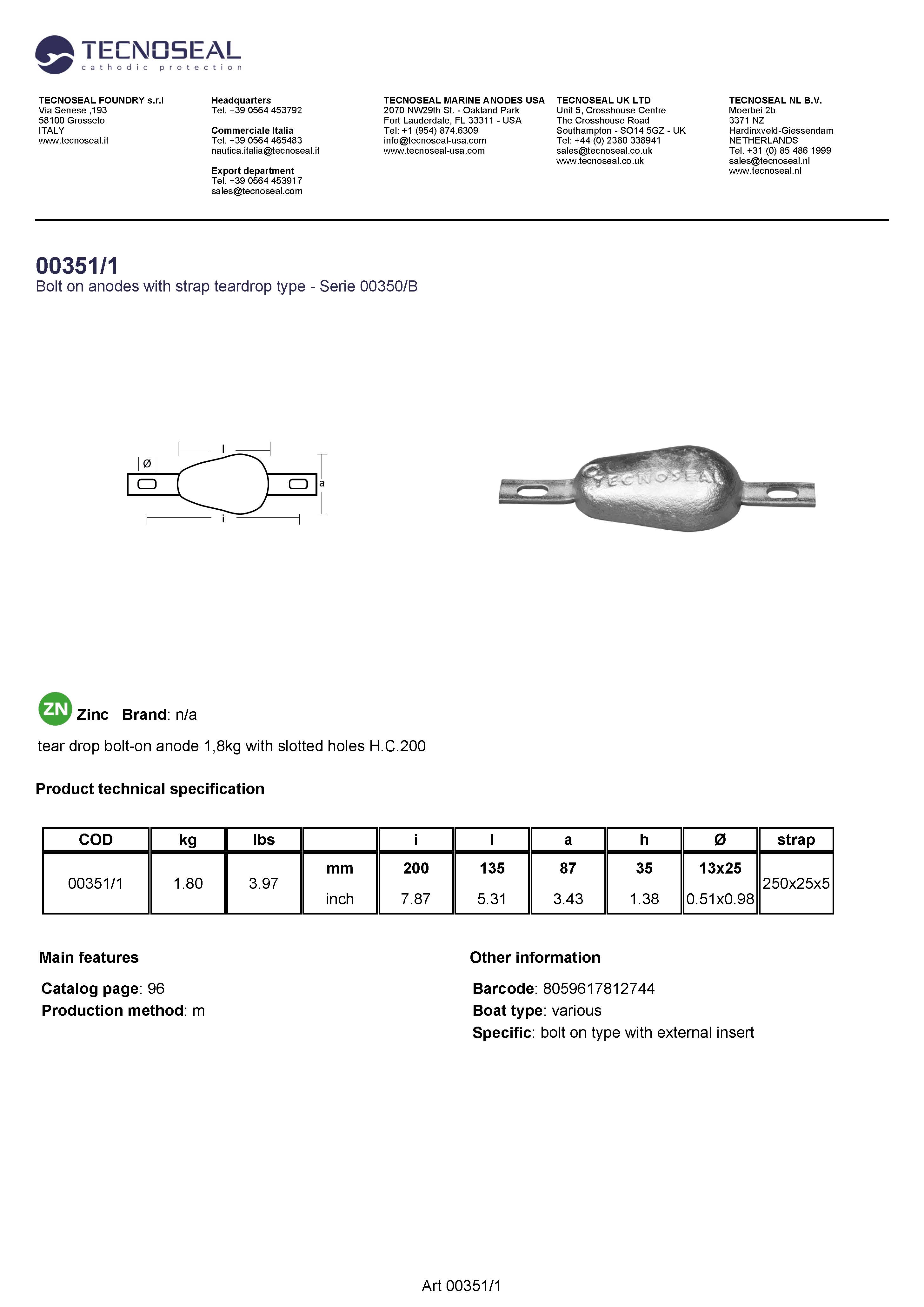 tear drop bolt-on anode 1,8kg with slotted holes H.C.200 - 003511 1 - 00351/1