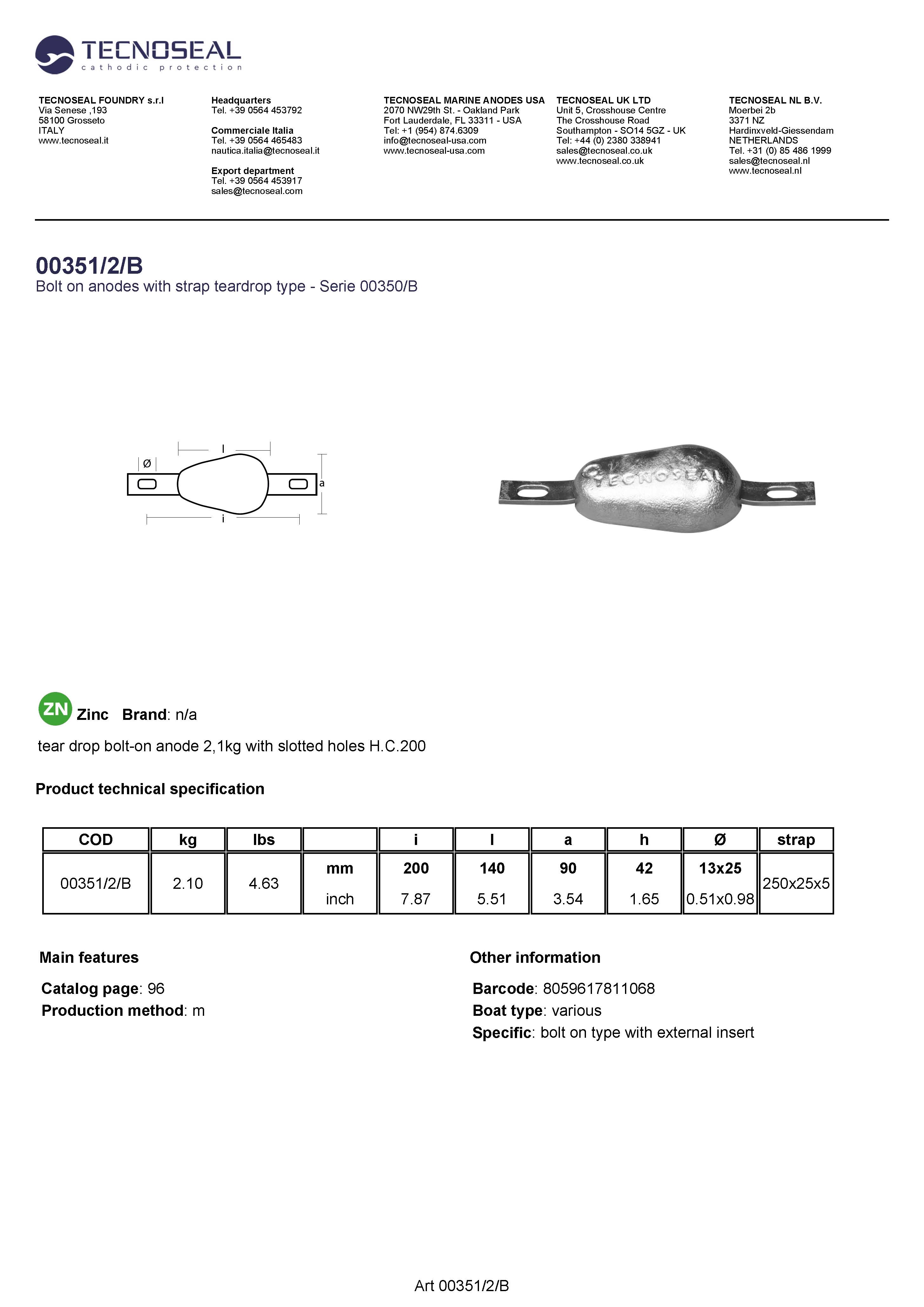 tear drop bolt-on anode 2,1kg with slotted holes H.C.200 - 003512b - 00351/2/B