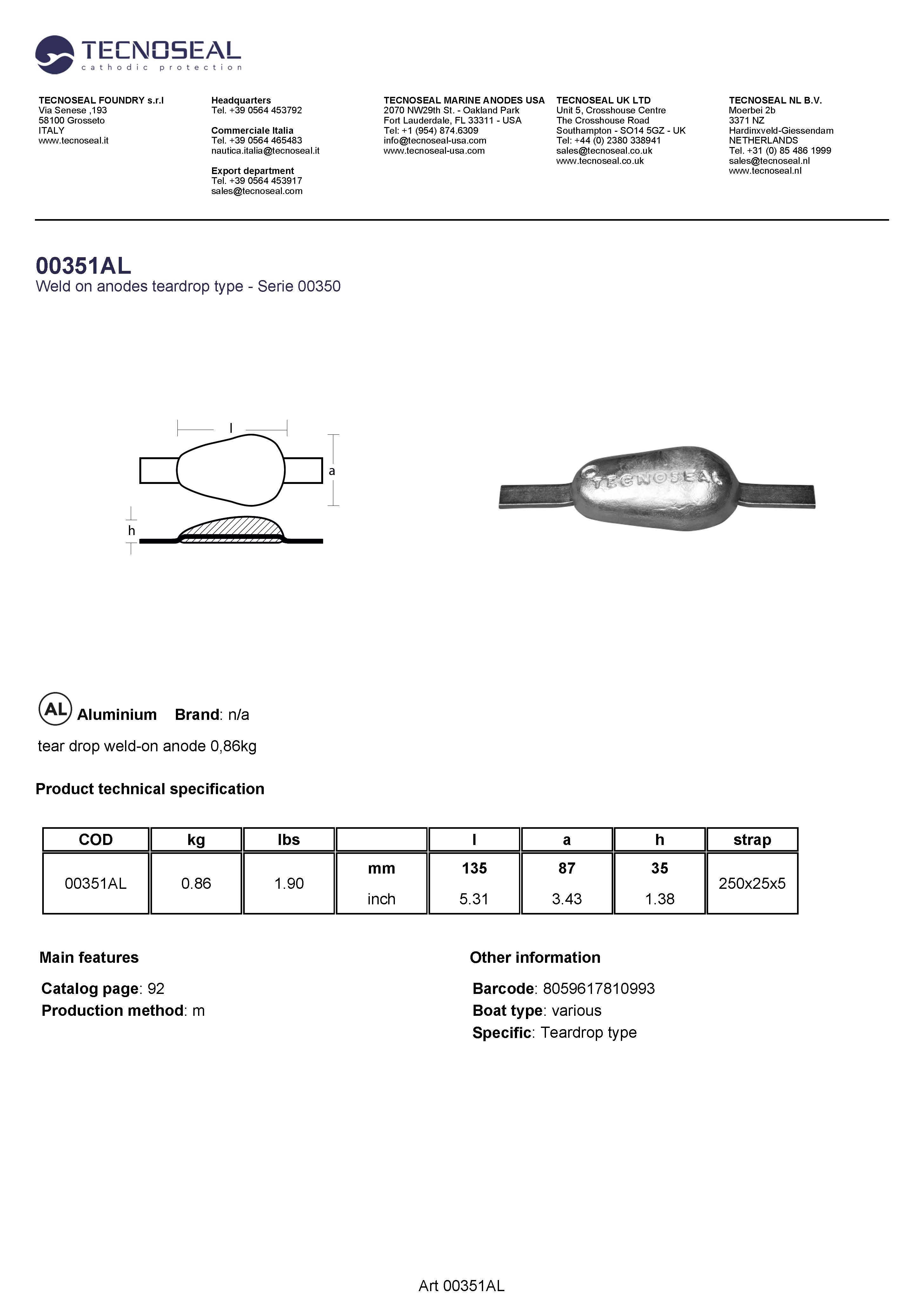tear drop weld-on anode 0,86kg - 00351al - 00351AL