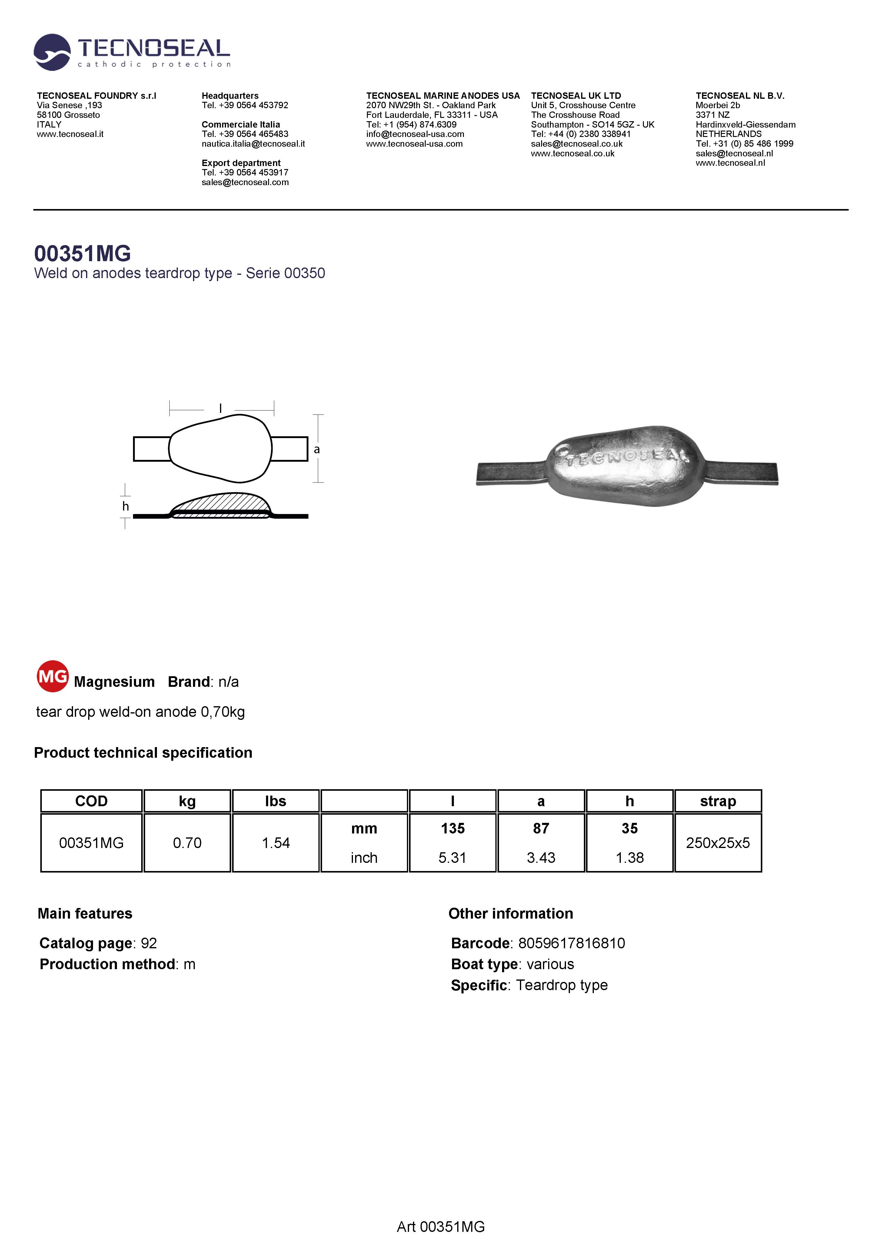 tear drop weld-on anode 0,70kg - 00351mg 1 - 00351MG