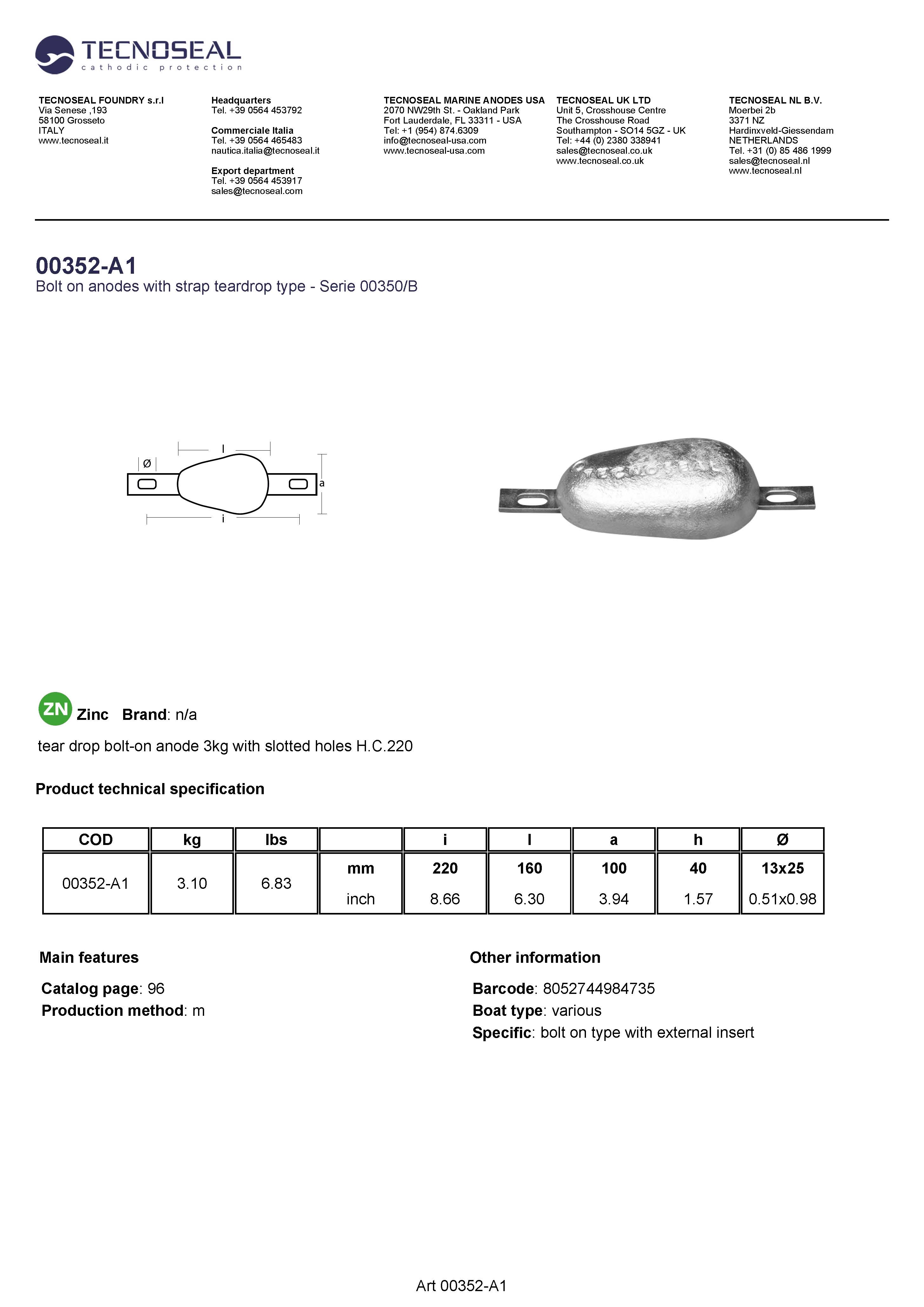 tear drop bolt-on anode 3kg with slotted holes H.C.220 - 00352 a1 - 00352-A1