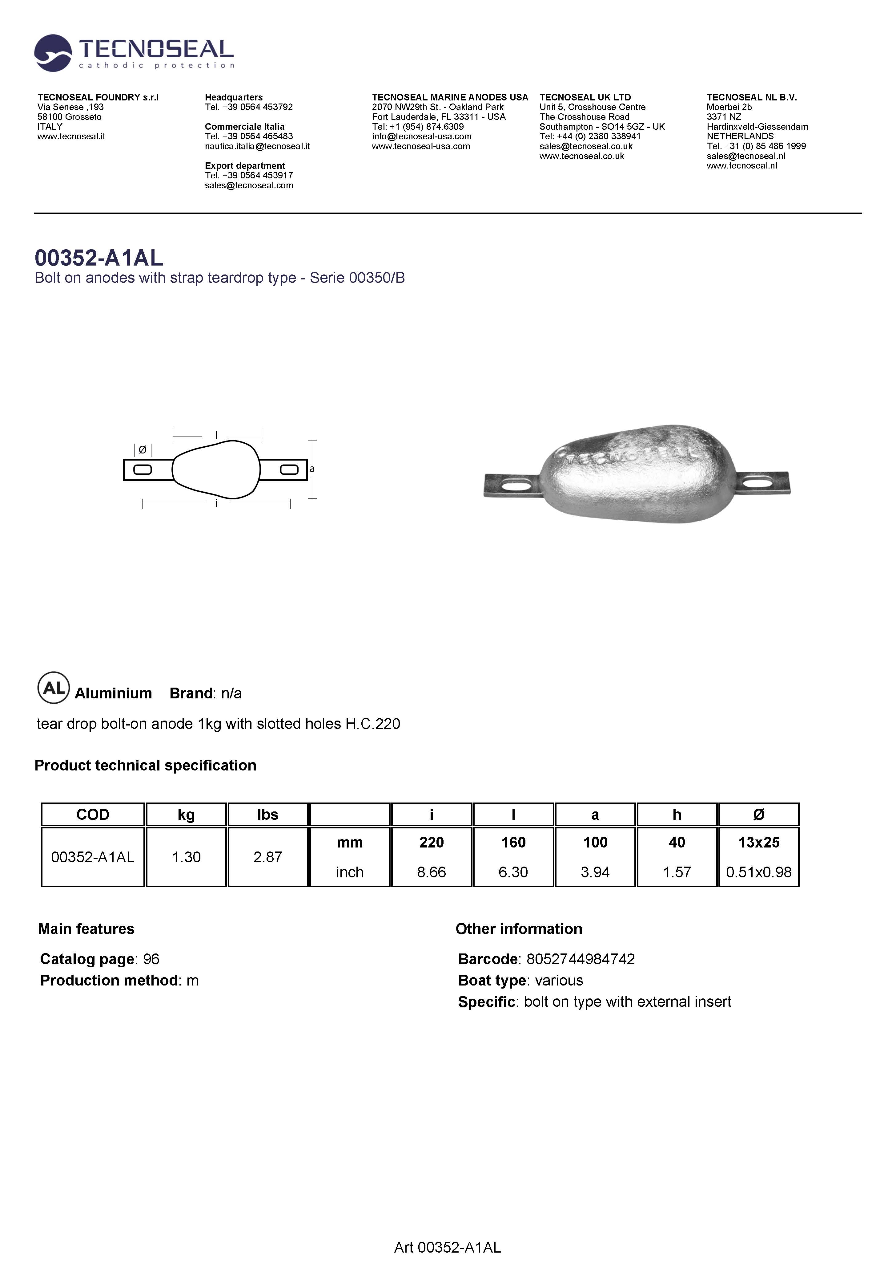 tear drop bolt-on anode 1,3kg with slotted holes H.C.220 - 00352 a1al - 00352-A1AL