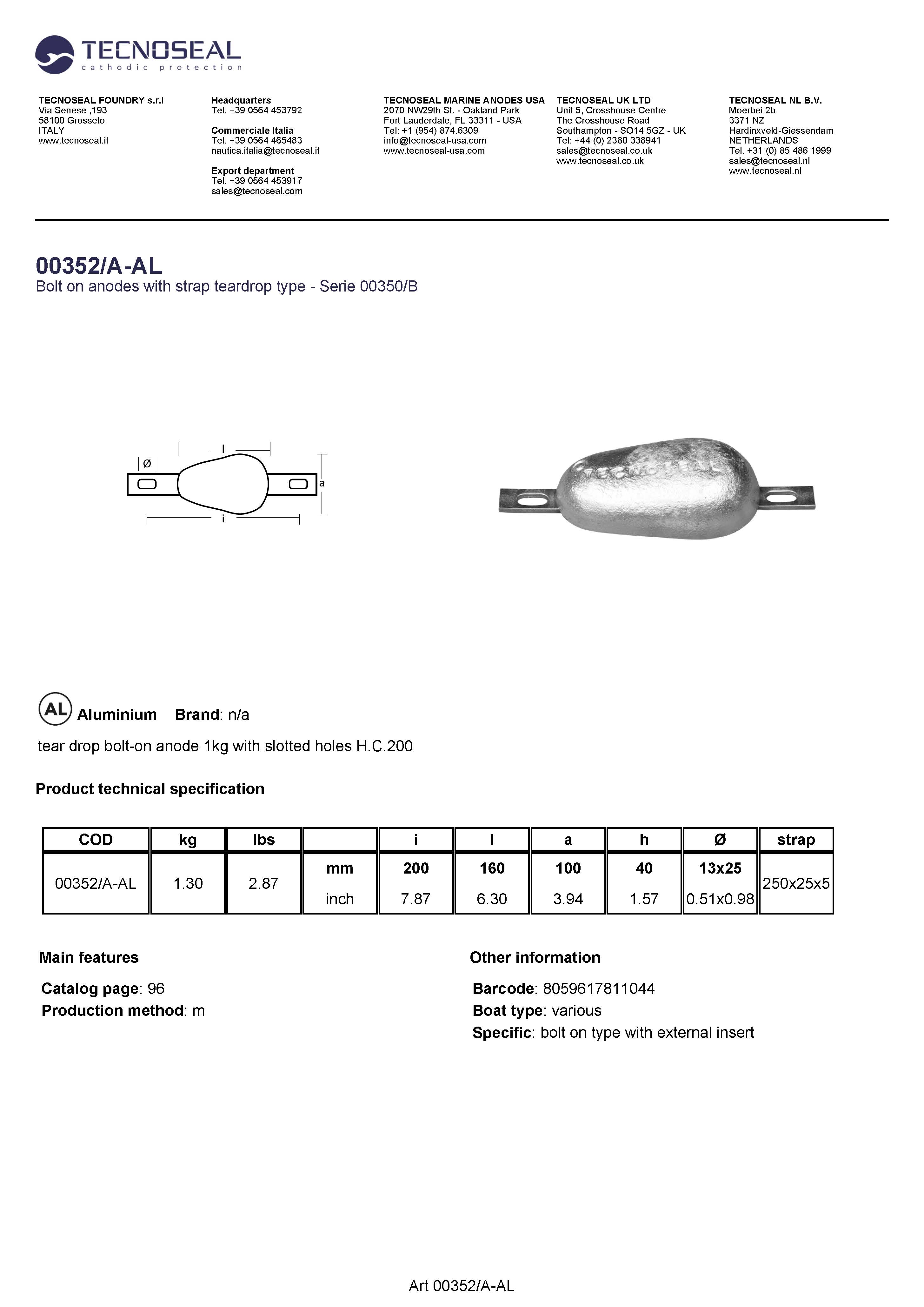 tear drop bolt-on anode 1,3kg with slotted holes H.C.200 - 00352a al - 00352/A-AL