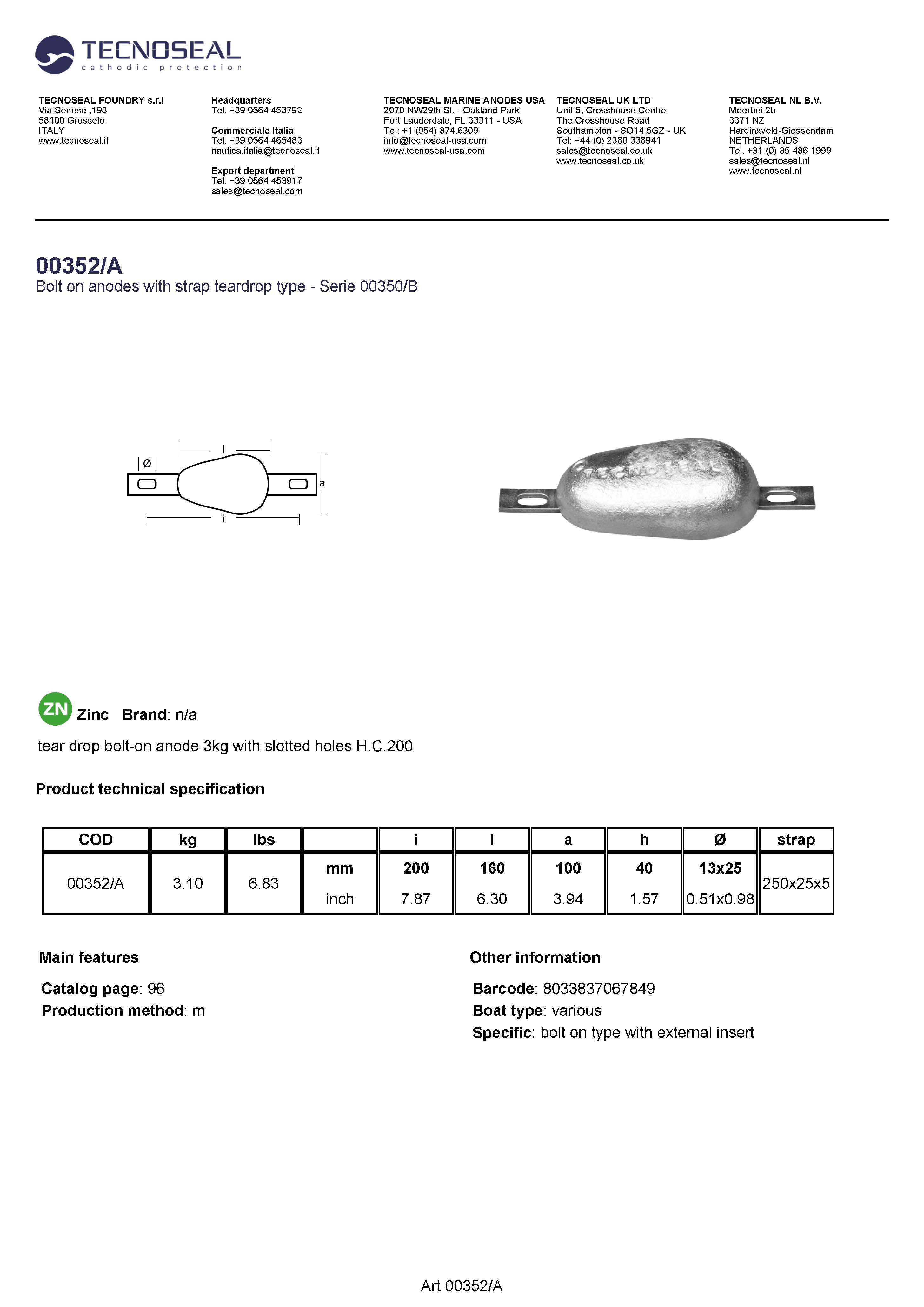 tear drop bolt-on anode 3,1kg with slotted holes H.C.200 - 00352a - 00352/A