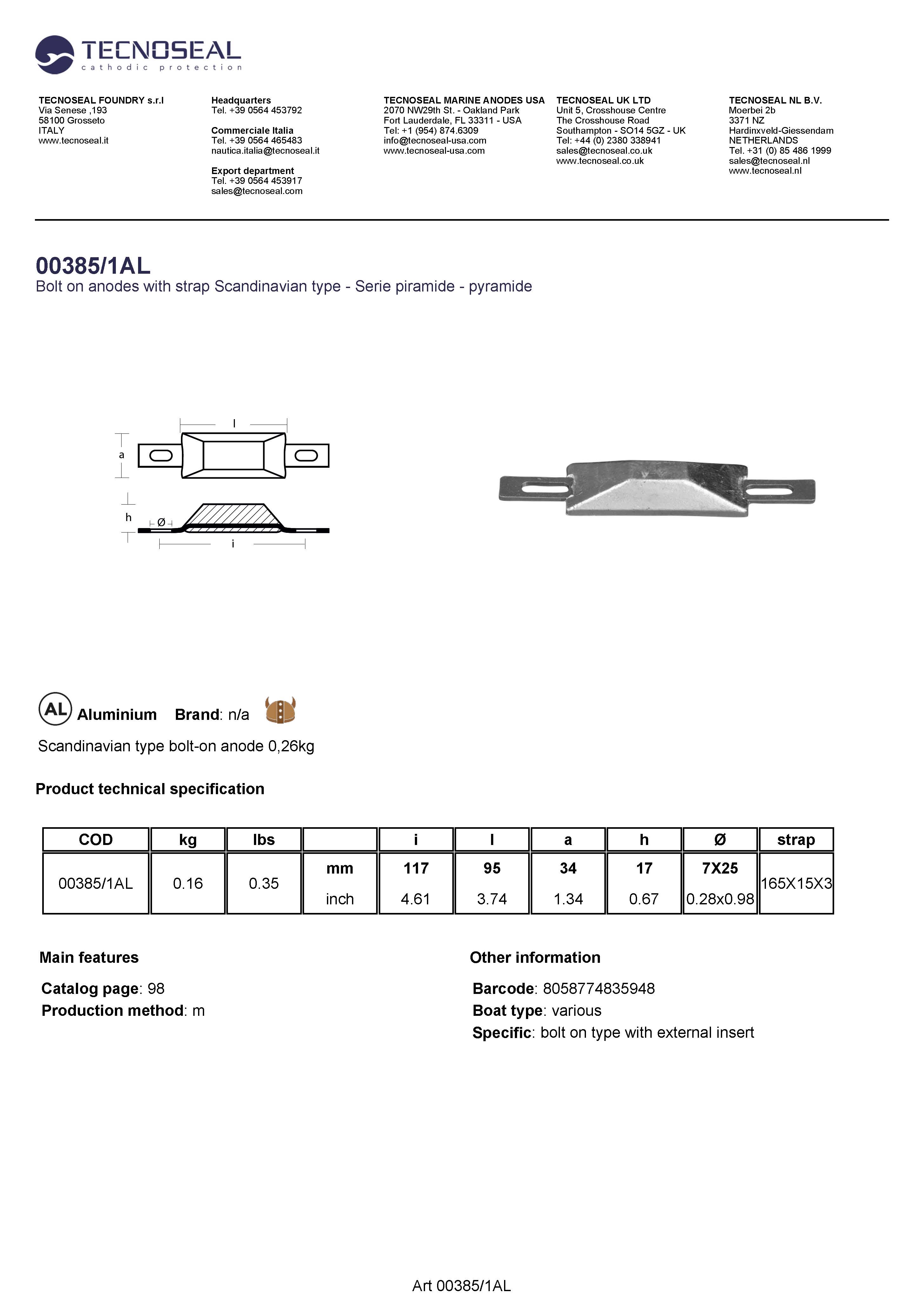 Scandinavian type bolt-on anode 0,16kg - 003851al - 00385/1AL