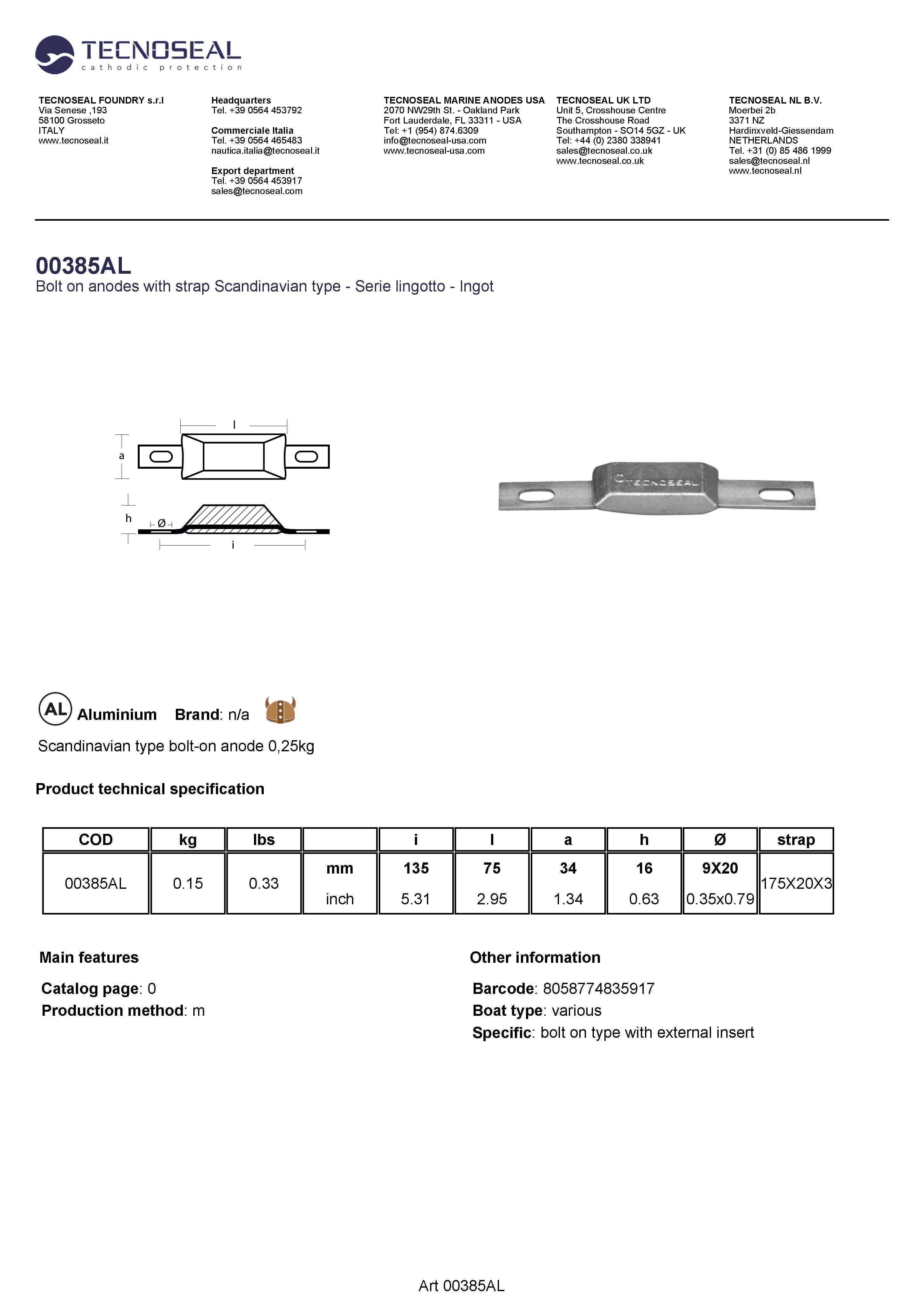 Scandinavian type bolt-on anode 0,18kg - 00385al 1 - 00385AL