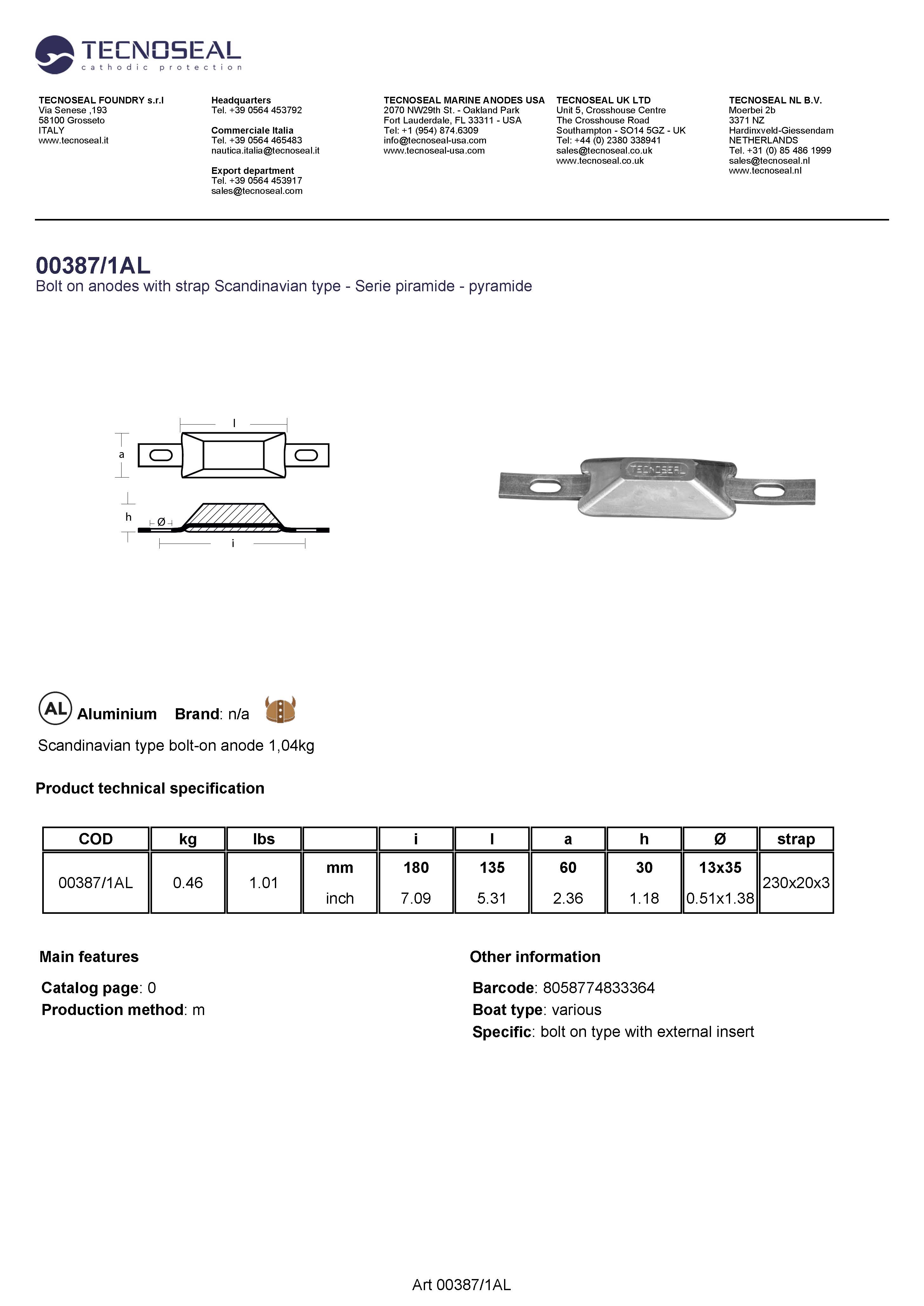 Scandinavian type bolt-on anode 0.6kg - 00387 1al - 00387-1AL