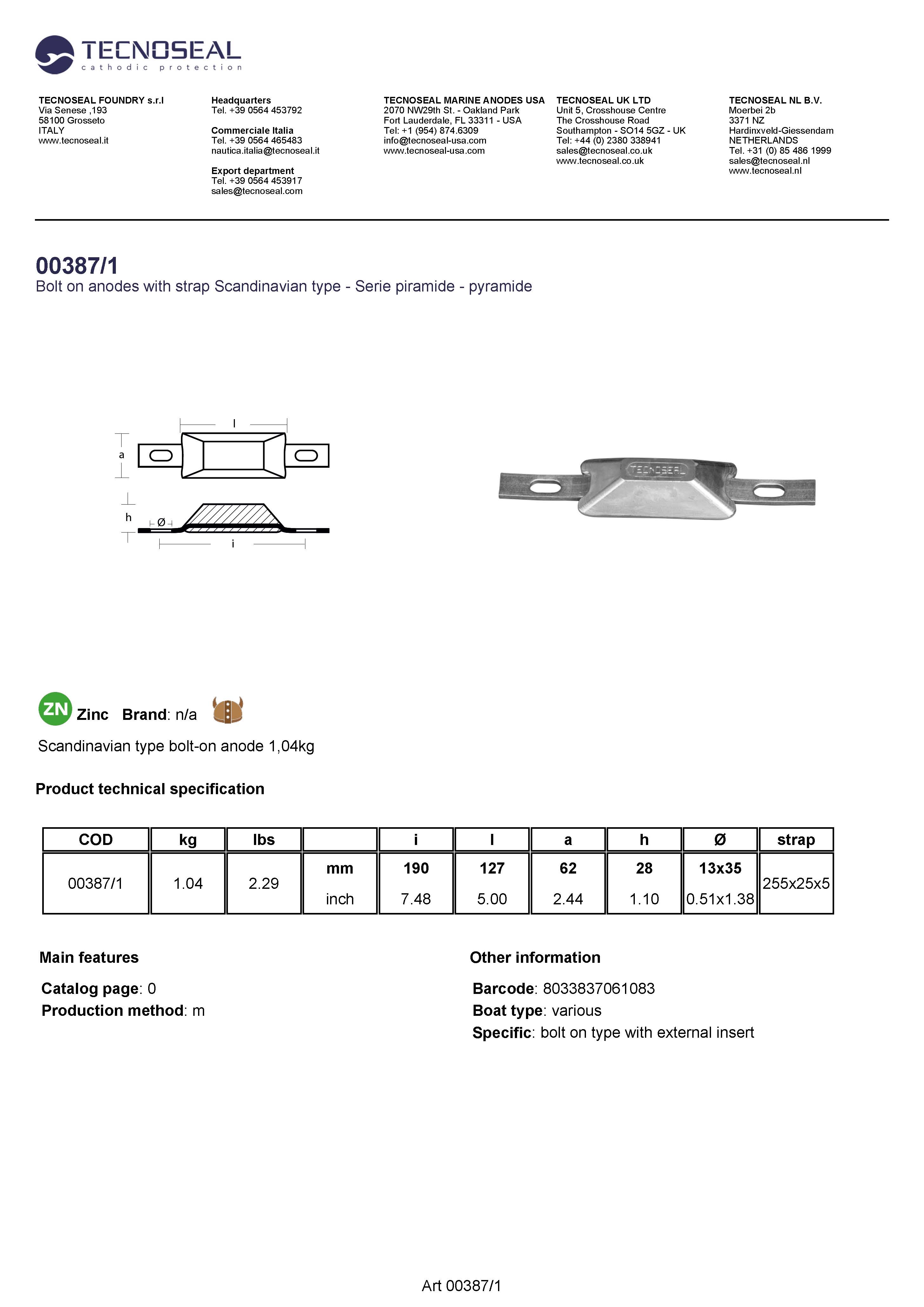 Scandinavian type bolt-on anode 1,0kg - 003871 1 - 00387/1